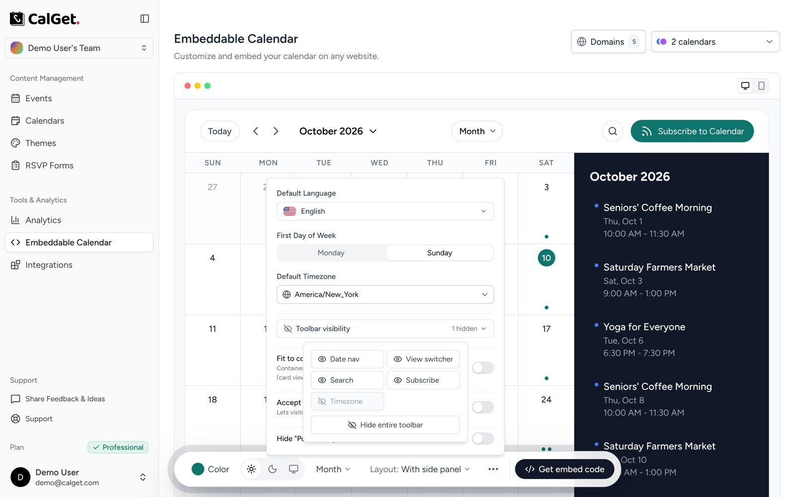 CalGet More options menu with Toolbar visibility open, showing toggles for Date nav, View switcher, Search, Subscribe and Timezone, with Timezone turned off