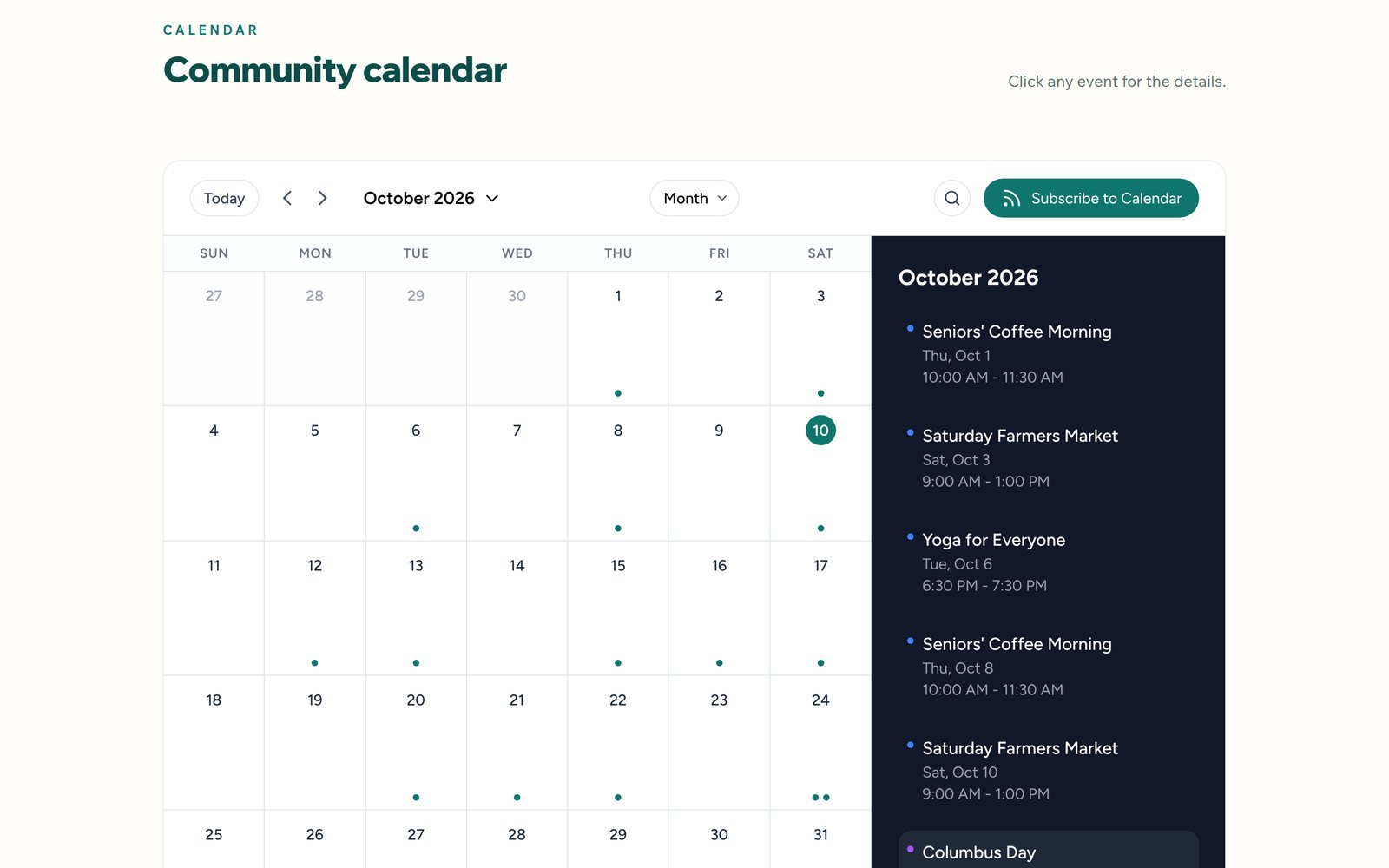 Google Calendar events shown on a Wix website through CalGet: a teal month calendar with a dark side panel listing upcoming community center events