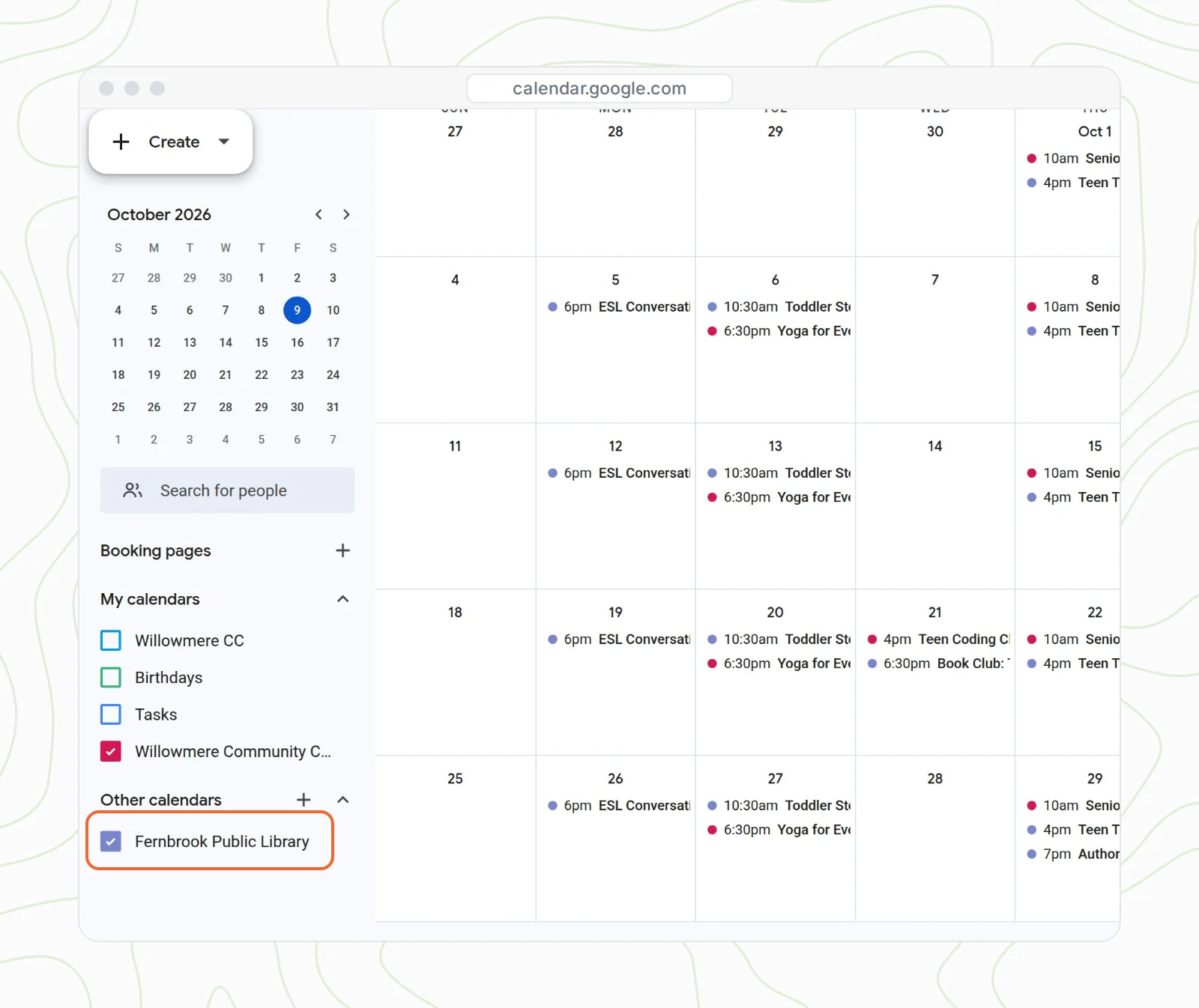Google Calendar month view for October 2026 with events from the Outlook calendar shown in purple and Fernbrook Public Library listed under Other calendars