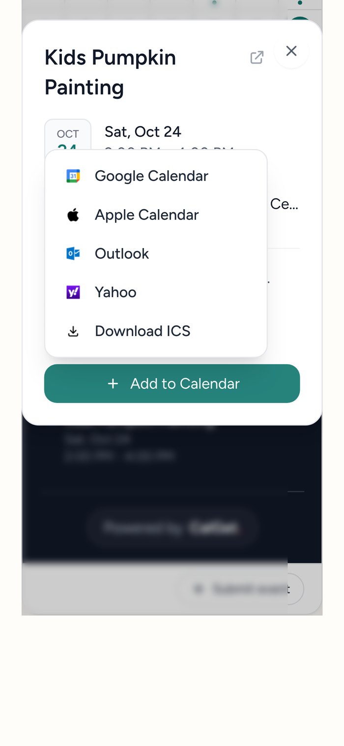 Phone view of a Wix site showing a CalGet event popup for Kids Pumpkin Painting with the Add to Calendar menu open: Google Calendar, Apple Calendar, Outlook, Yahoo and Download ICS