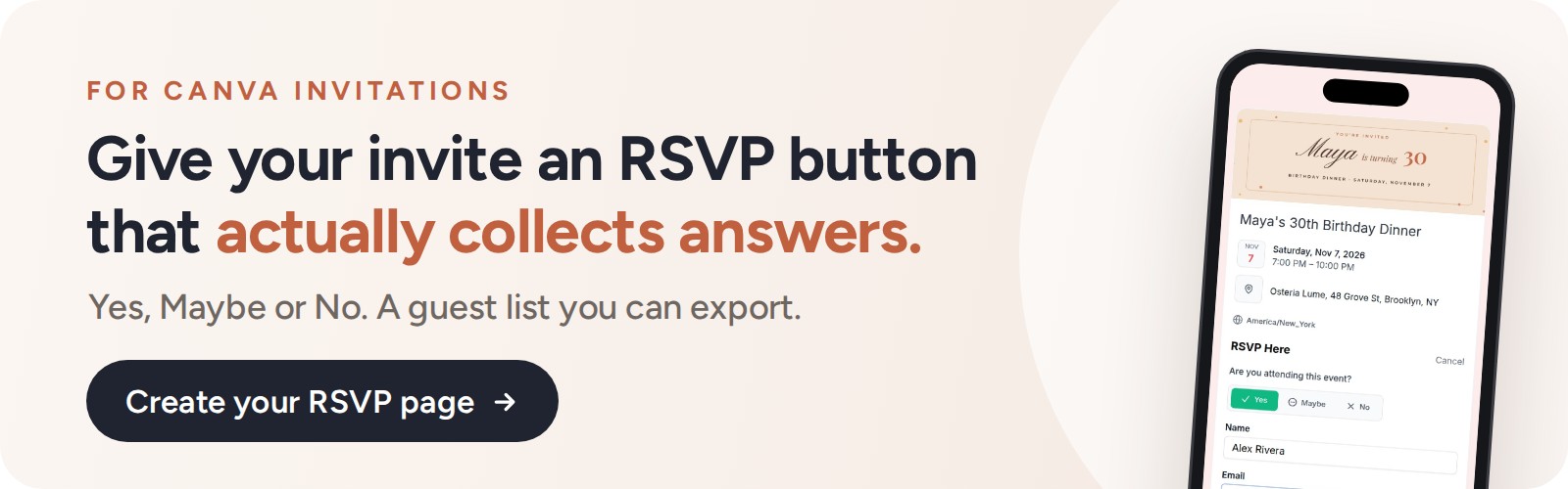CalGet RSVP page for Canva invitations: give your invite an RSVP button that collects Yes, Maybe or No answers and a guest list you can export, with a phone showing the RSVP form