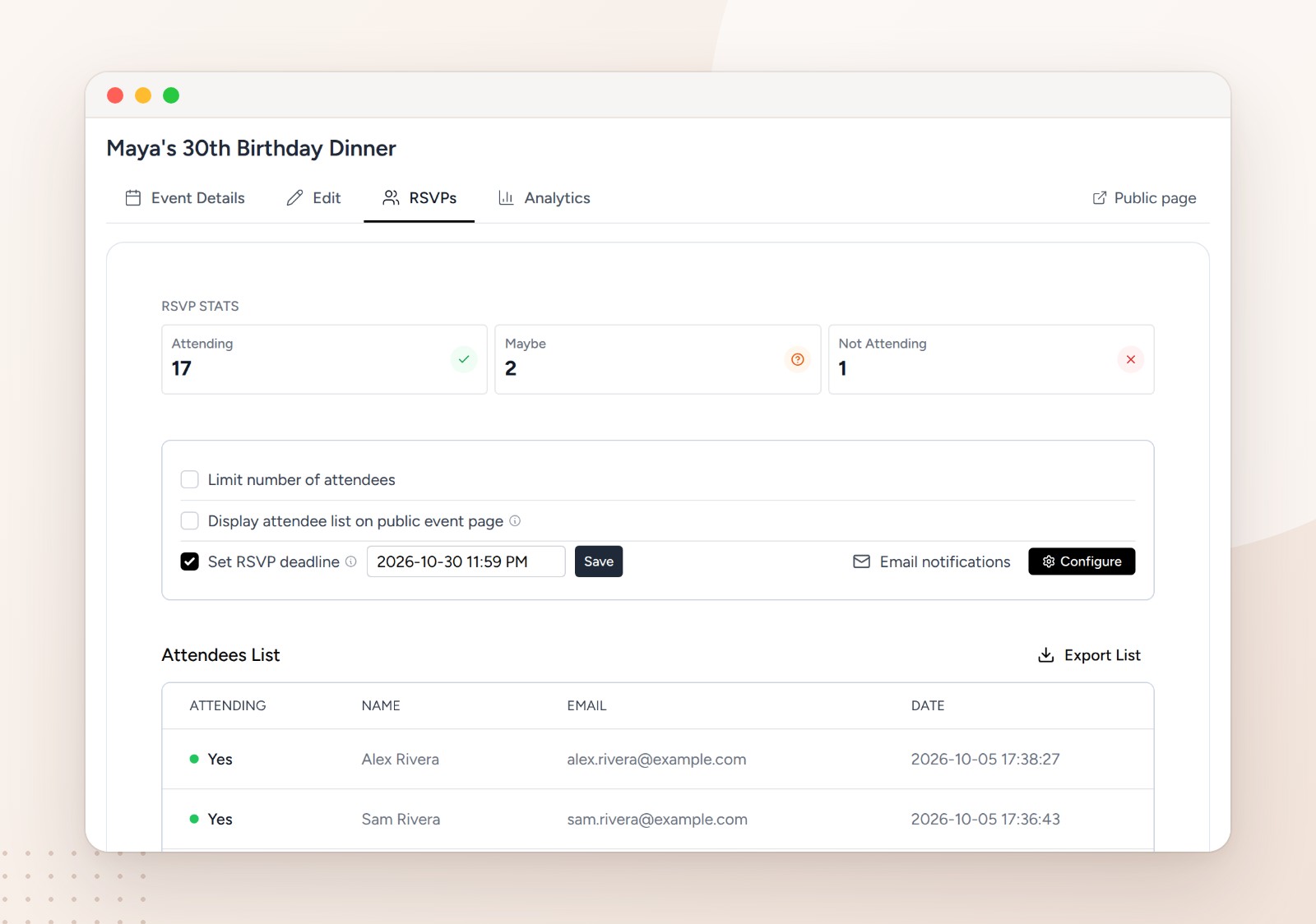 CalGet RSVPs tab for Maya's 30th Birthday Dinner with 17 attending, 2 maybe and 1 not attending, the RSVP deadline set to October 30, 2026 at 11:59 PM, options to limit attendees and show the attendee list, email notifications, an Export List button and the attendee list