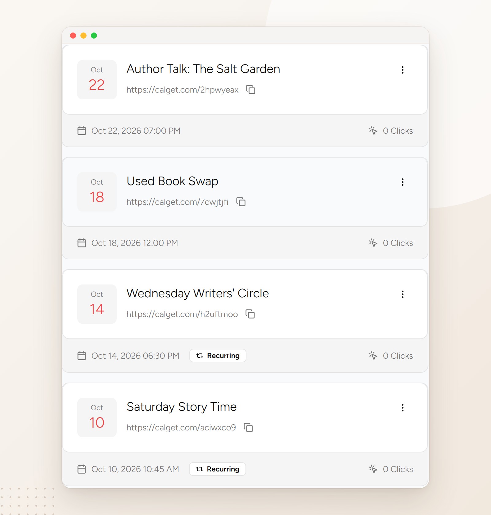 CalGet calendar event list for Lantern and Leaf Events: Author Talk: The Salt Garden on October 22, Used Book Swap on October 18, Wednesday Writers' Circle on October 14 marked Recurring, and Saturday Story Time on October 10 marked Recurring