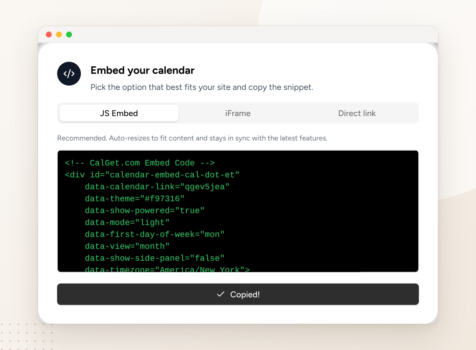 CalGet Embed your calendar window with JS Embed, iFrame and Direct link tabs, the JS Embed code for the Lantern and Leaf calendar, and a Copied confirmation