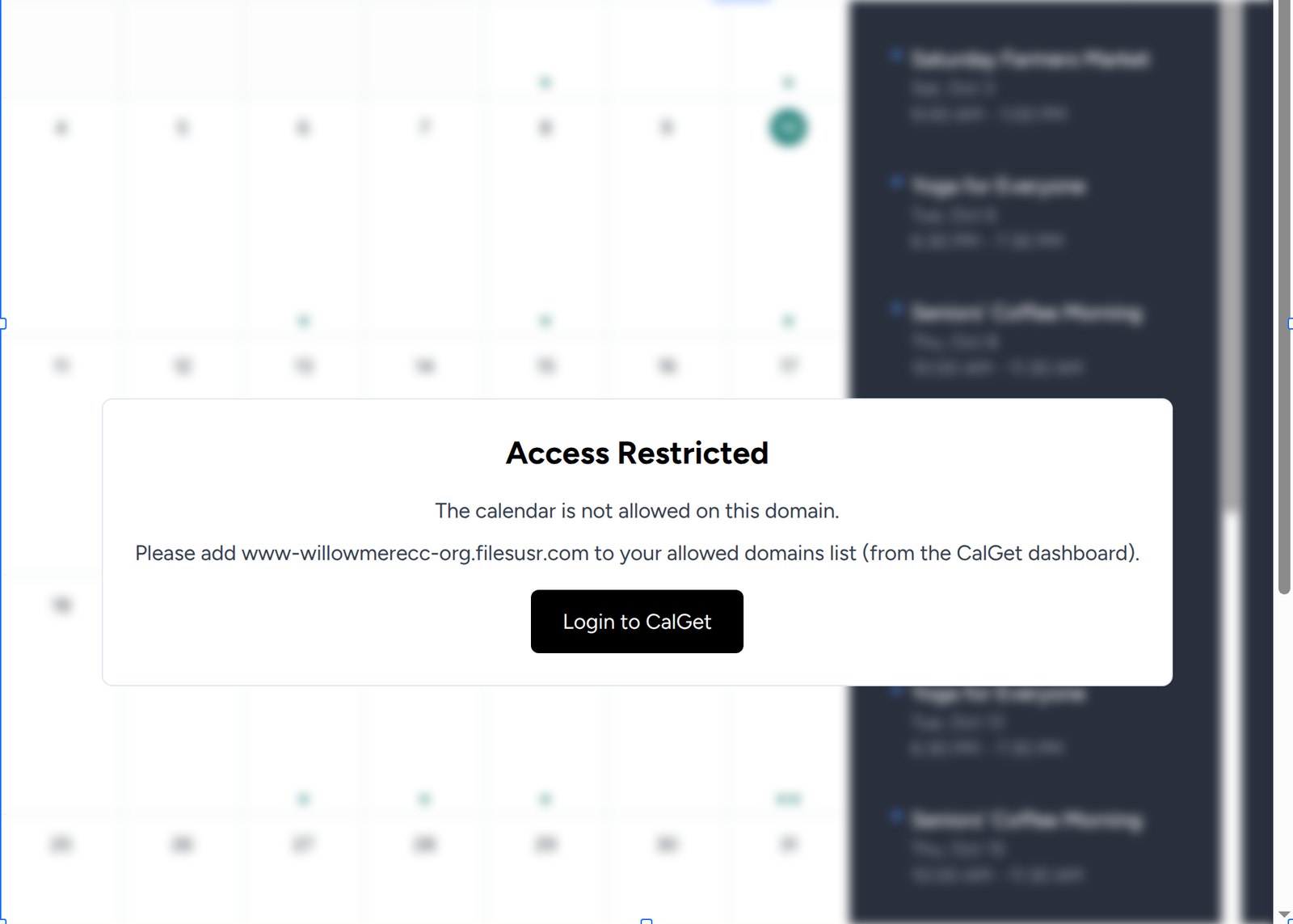 CalGet Access Restricted message inside a Wix Embed HTML element, saying the calendar is not allowed on this domain and asking to add www-willowmerecc-org.filesusr.com to the allowed domains list