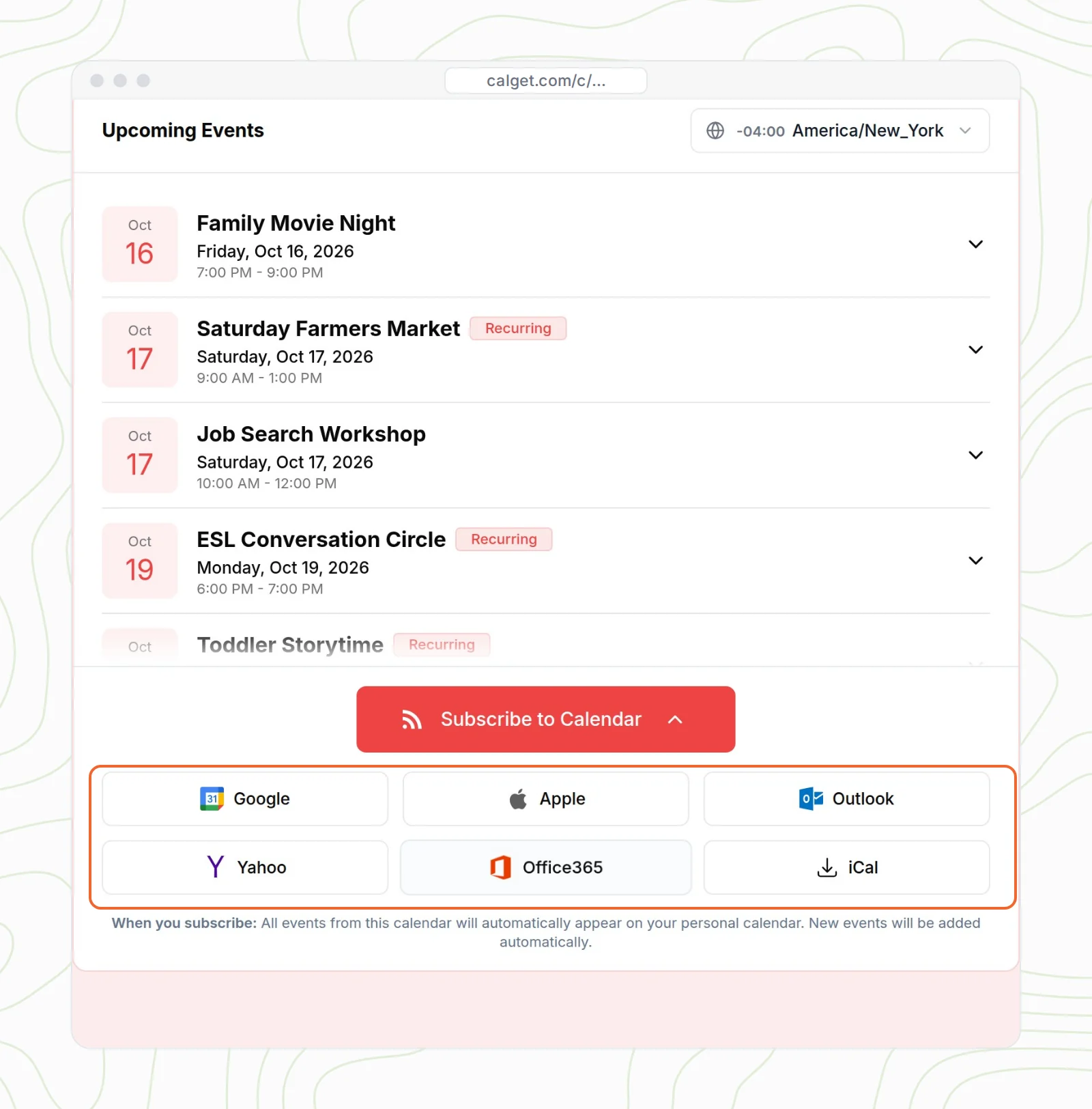 A real CalGet public calendar page with the Subscribe to Calendar menu open, showing Google, Apple, Outlook, Office 365, Yahoo and iCal options.