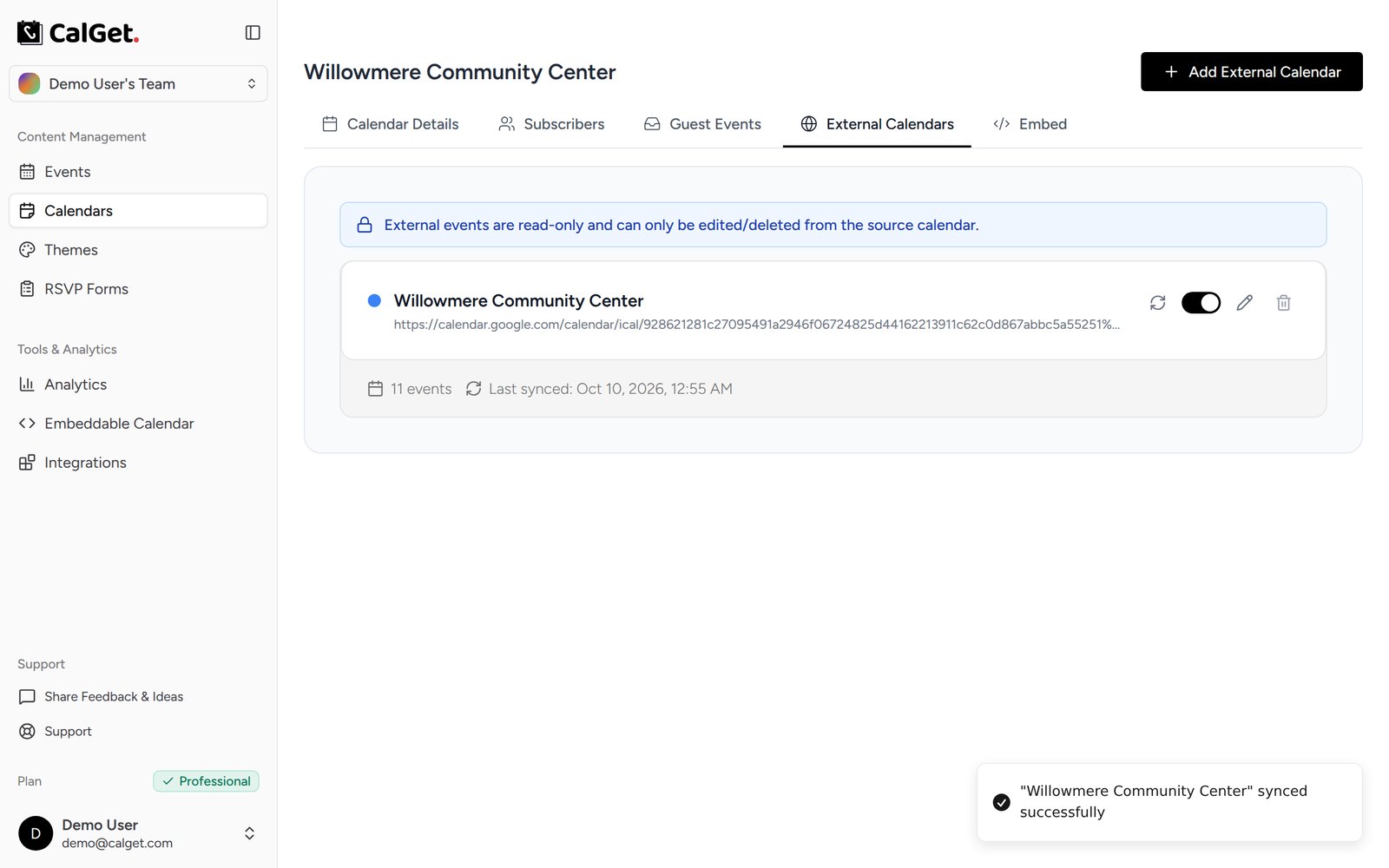 CalGet External Calendars tab showing the Willowmere Community Center Google Calendar feed synced, with 11 events and the last synced time