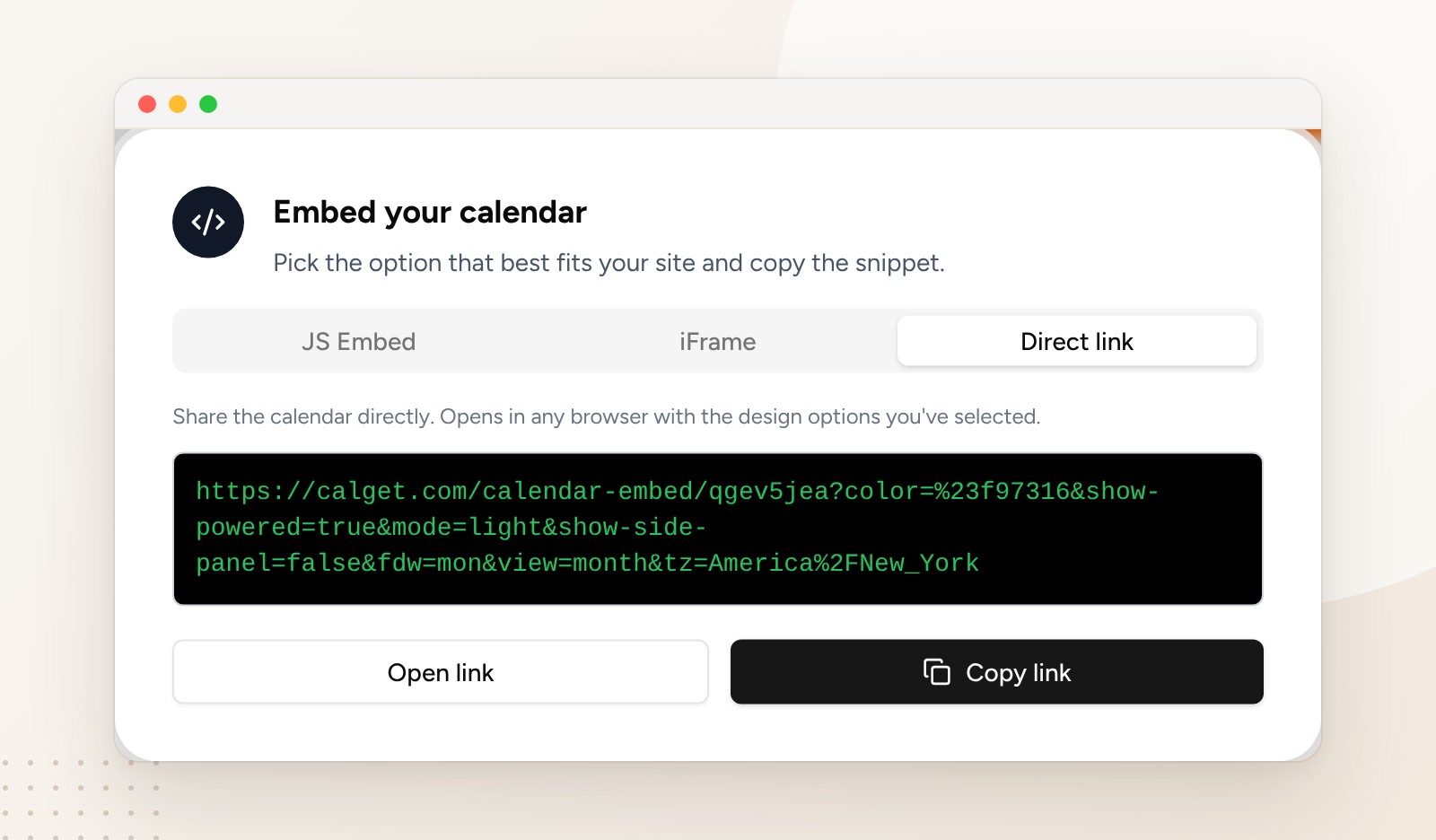CalGet Embed your calendar window on the Direct link tab, showing the calendar's direct link with Open link and Copy link buttons