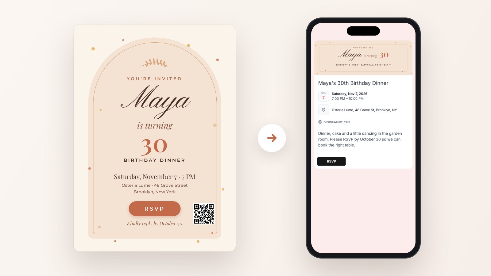 A Canva-style birthday invitation with an RSVP button and a QR code, next to a phone showing the RSVP page it opens, with the event's date, place and an RSVP button