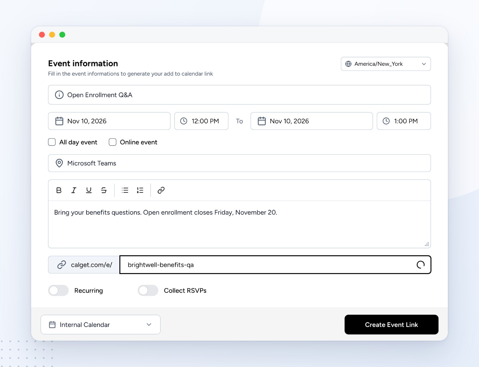 CalGet New Event form for Open Enrollment Q&A on November 10, 2026 from 12:00 PM to 1:00 PM, America/New_York time zone, location Microsoft Teams, description about benefits questions, and a custom event link calget.com/e/brightwell-benefits-qa