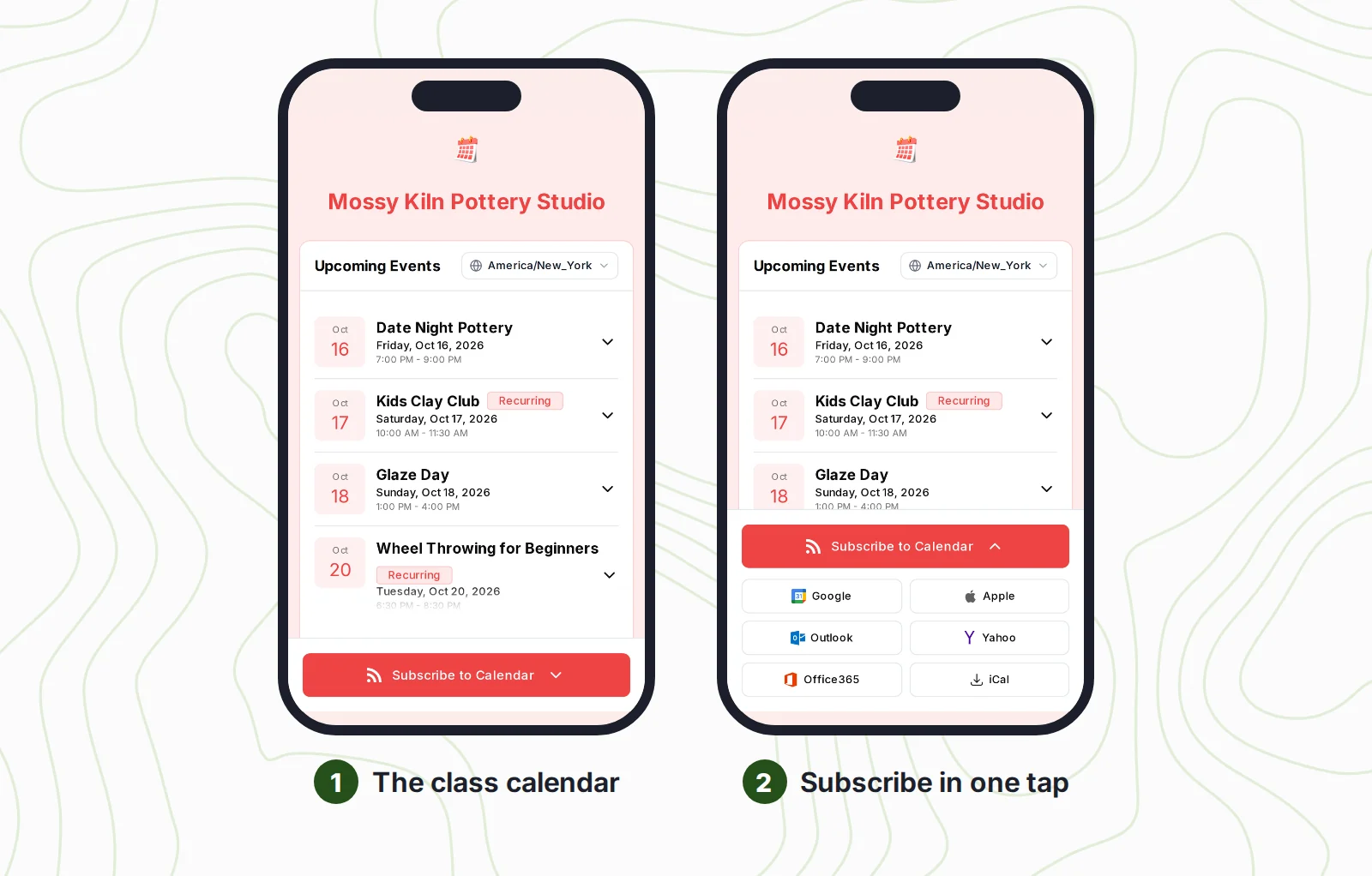 Two phone screens of the Mossy Kiln Pottery Studio public calendar in CalGet: a list of upcoming events including Date Night Pottery, Kids Clay Club and Glaze Day, and the Subscribe to Calendar menu open with Google, Apple, Outlook, Yahoo, Office365 and iCal