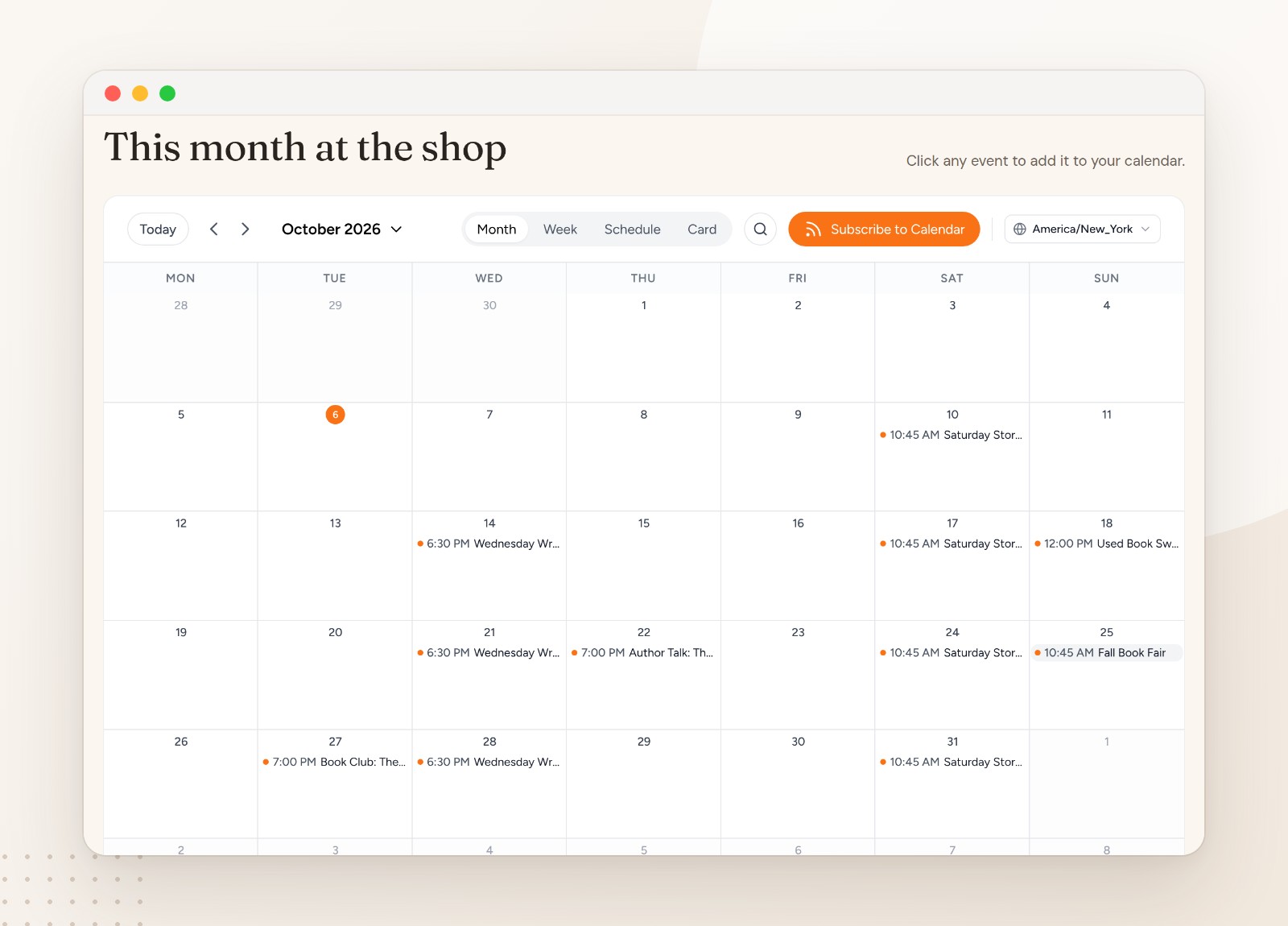 A Squarespace-style bookstore page titled This month at the shop with a CalGet month calendar for October 2026: Saturday Story Time at 10:45 AM every Saturday, Wednesday Writers' Circle every Wednesday at 6:30 PM, plus a Used Book Swap, an Author Talk, a Book Club and a Fall Book Fair