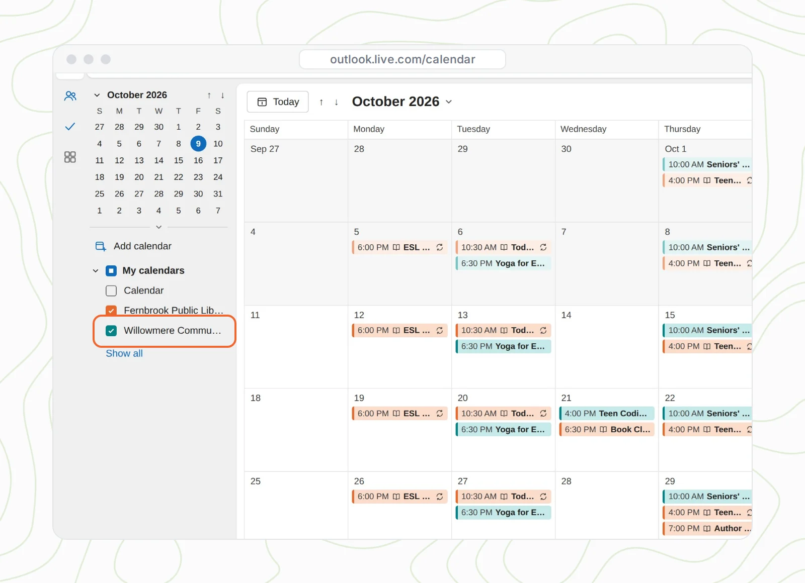 Outlook calendar month view for October 2026 showing events from the subscribed Google calendar in teal next to Outlook events in orange, with Willowmere Community Center listed under My calendars