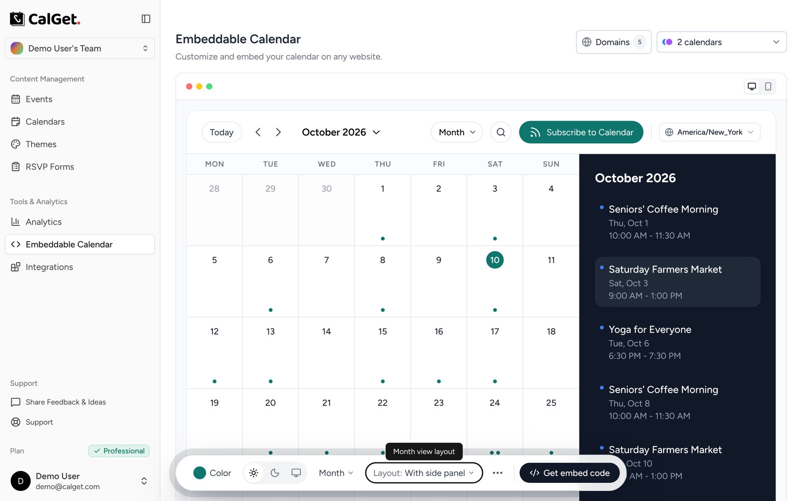 CalGet Embeddable Calendar editor showing a teal month calendar with the side panel layout, listing October events such as Seniors' Coffee Morning, Saturday Farmers Market and Yoga for Everyone