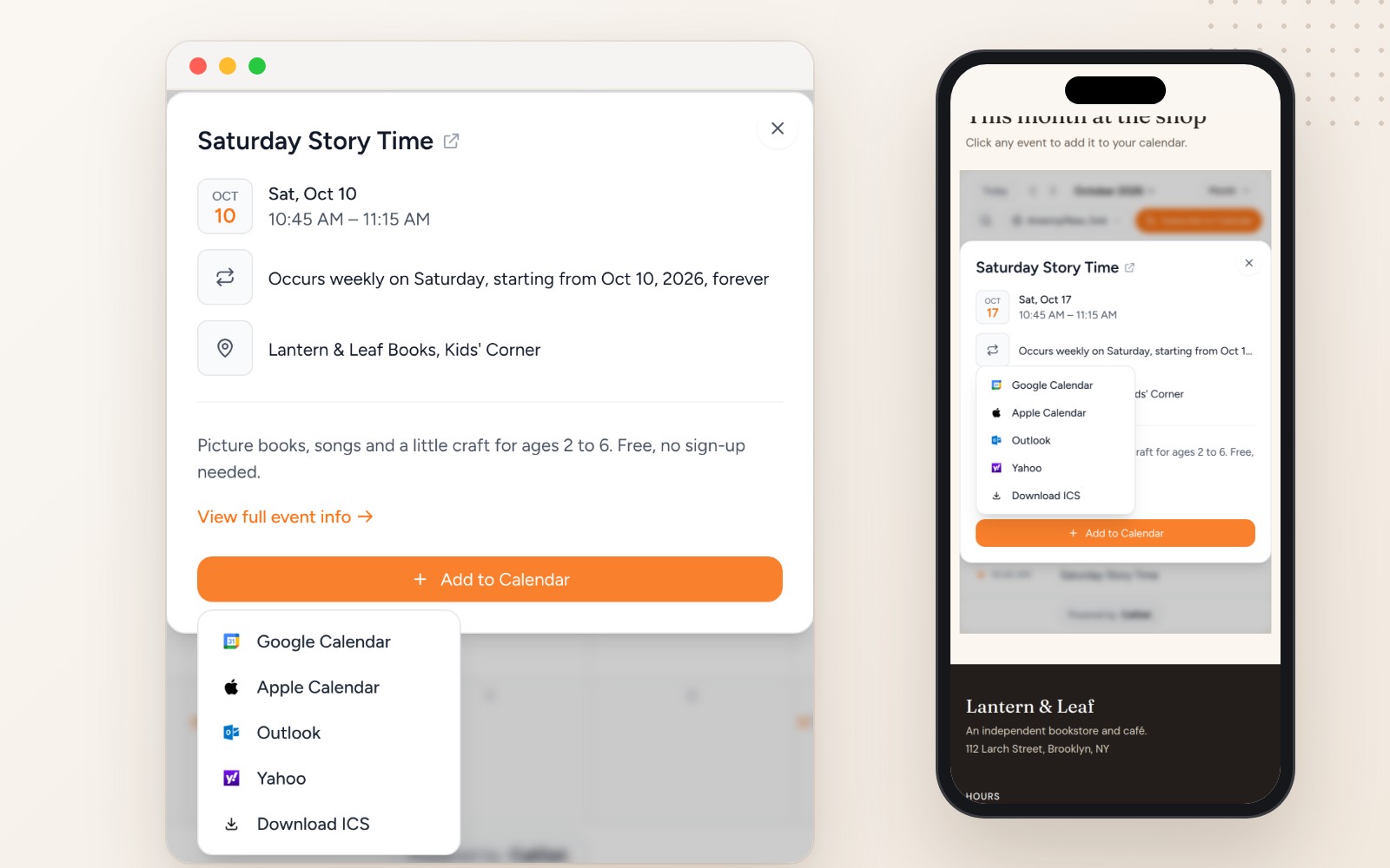 The same Saturday Story Time event on the bookstore site on a computer and on a phone: the event details with date, weekly repeat and location, and the Add to Calendar menu with Google Calendar, Apple Calendar, Outlook, Yahoo and Download ICS