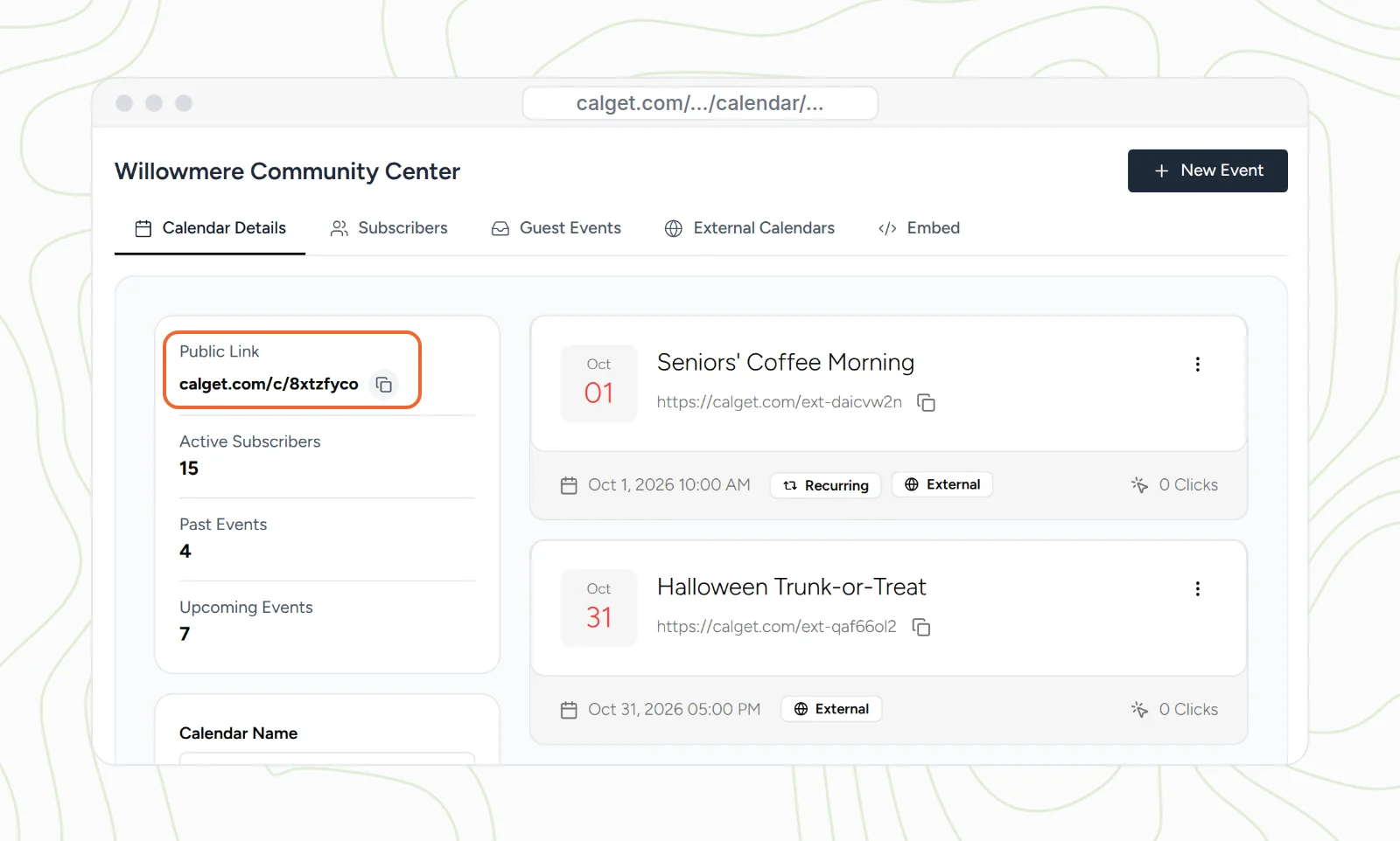 The Calendar Details tab of the Willowmere Community Center calendar in CalGet, with the Public Link calget.com/c/8xtzfyco and a copy button highlighted, 15 active subscribers, 4 past events and 7 upcoming events, next to event cards for Seniors' Coffee Morning and the Halloween Trunk-or-Treat