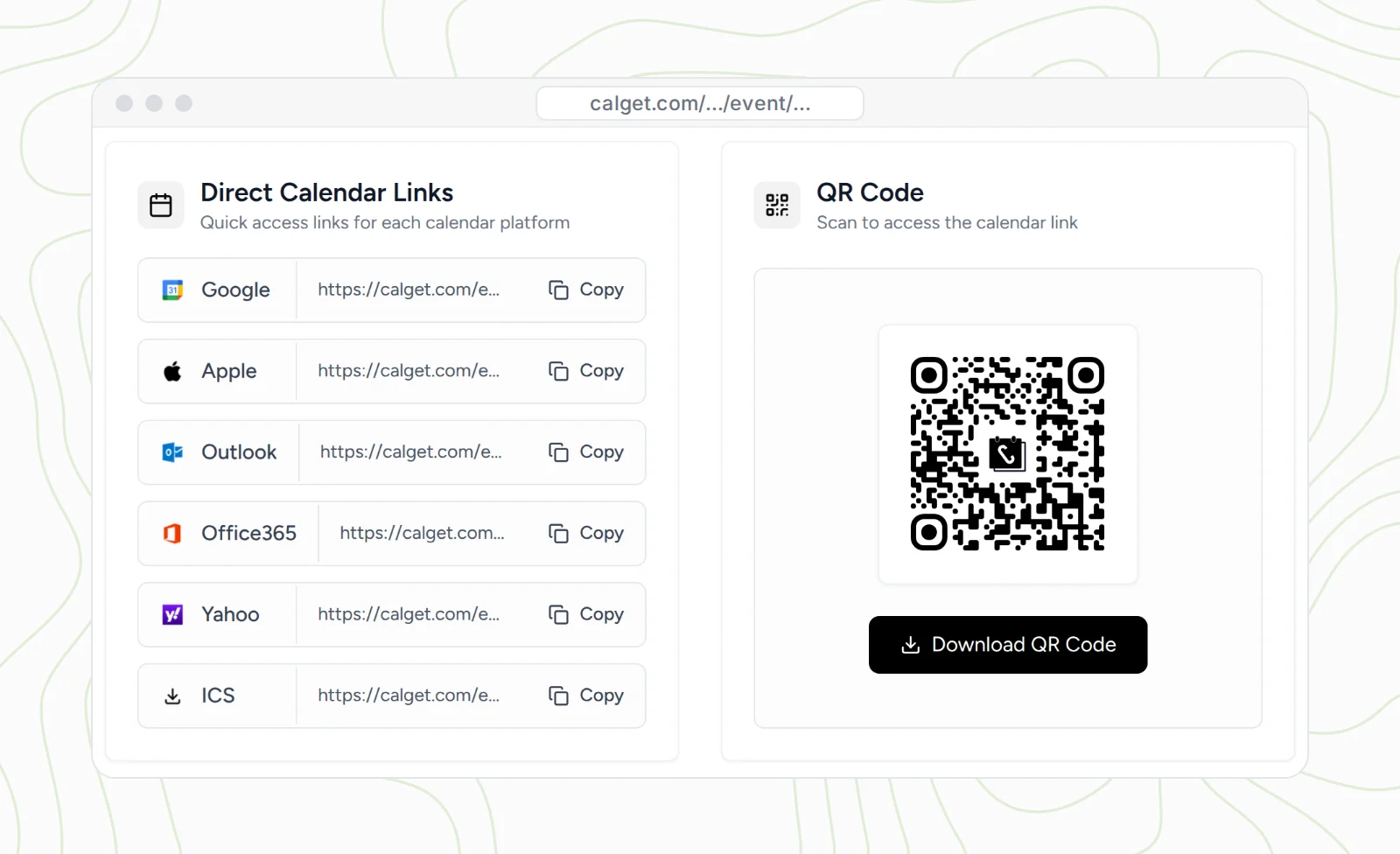 CalGet event panels: Direct Calendar Links with Copy buttons for Google, Apple, Outlook, Office365, Yahoo and ICS, and a QR Code with a Download QR Code button