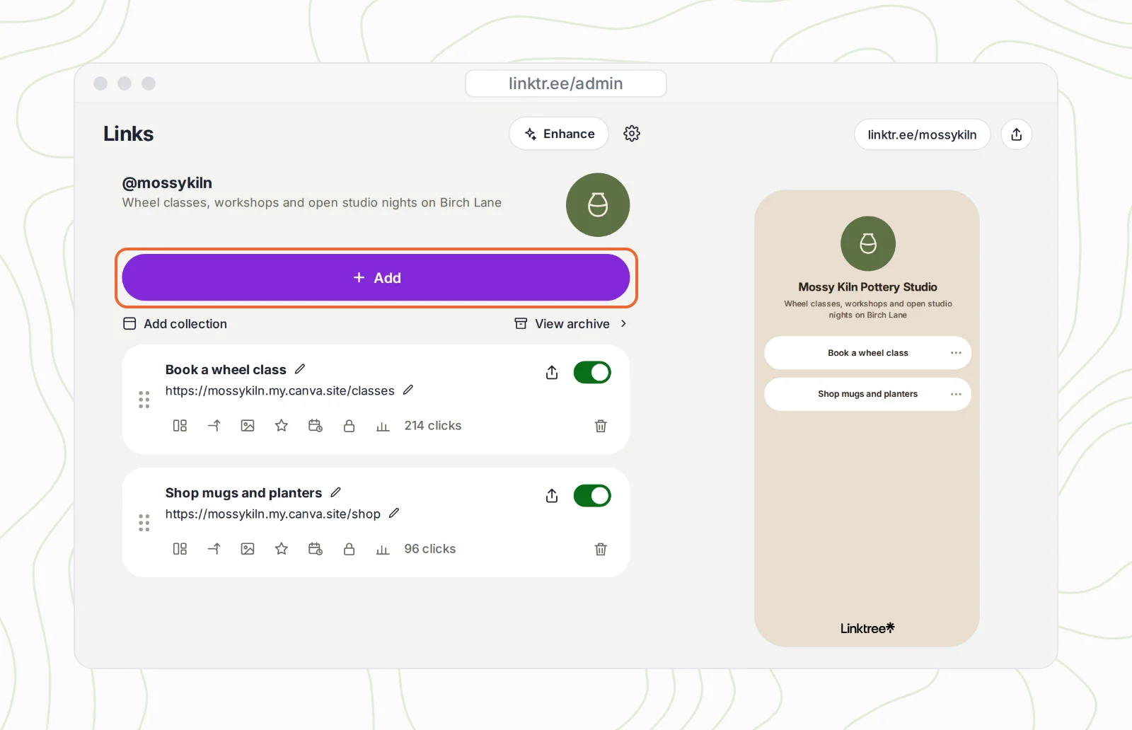 Recreated Linktree admin for @mossykiln on the Links page, with the purple + Add button circled, two existing links, Book a wheel class and Shop mugs and planters, and the phone preview on the right