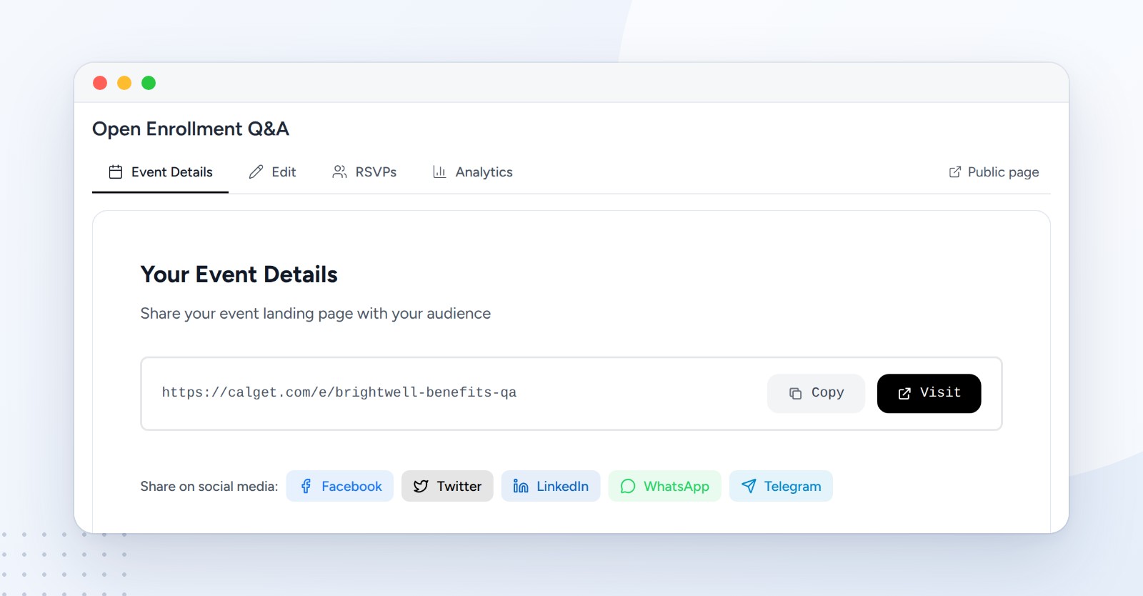 CalGet Event Details tab for Open Enrollment Q&A showing the event link https://calget.com/e/brightwell-benefits-qa with Copy and Visit buttons