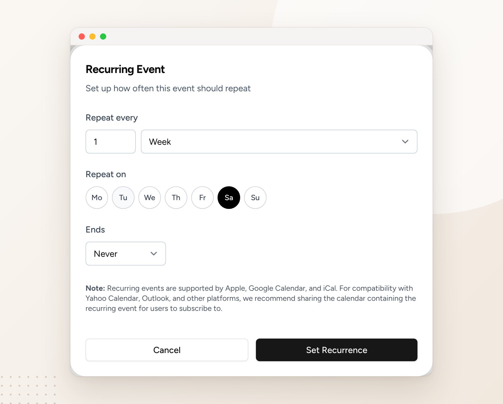CalGet Recurring Event window: Repeat every 1 Week, Repeat on Saturday selected, Ends Never, a note about which calendars support recurring events, and the Set Recurrence button