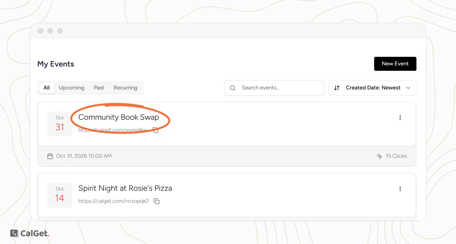 My Events with the new Community Book Swap event circled at the top of the list, showing its event link