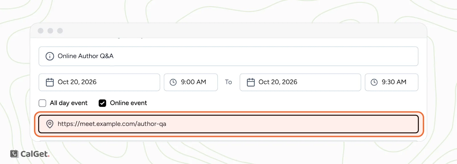 The New Event form with Online event checked and a meeting link typed into the highlighted Meeting Link field