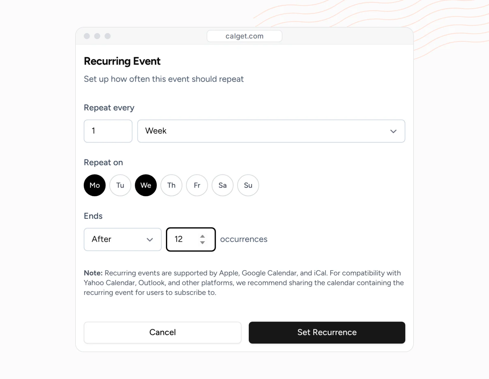 The Recurring Event window set to repeat every week on Monday and Wednesday, ending after 12 occurrences