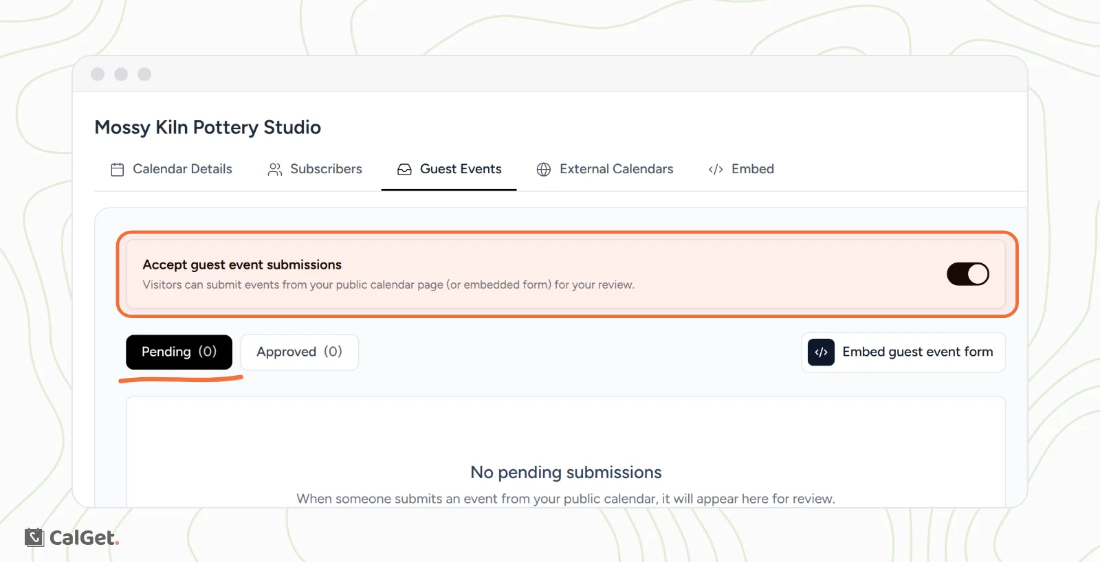 The Guest Events tab of the Mossy Kiln Pottery Studio calendar with Accept guest event submissions turned on and highlighted, the Pending tab underlined, an Embed guest event form button, and No pending submissions