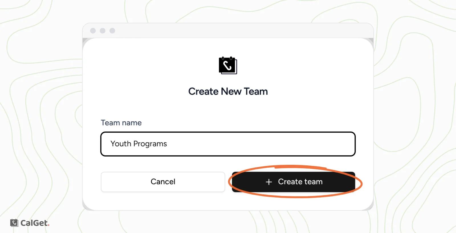 The Create New Team window with a team name typed in and the Create team button circled