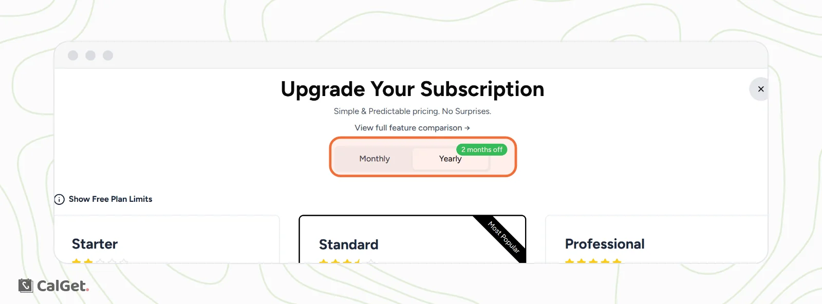 The Upgrade Your Subscription window with the Monthly and Yearly switch highlighted, Yearly marked 2 months off, Show Free Plan Limits, and the Starter, Standard and Professional plans