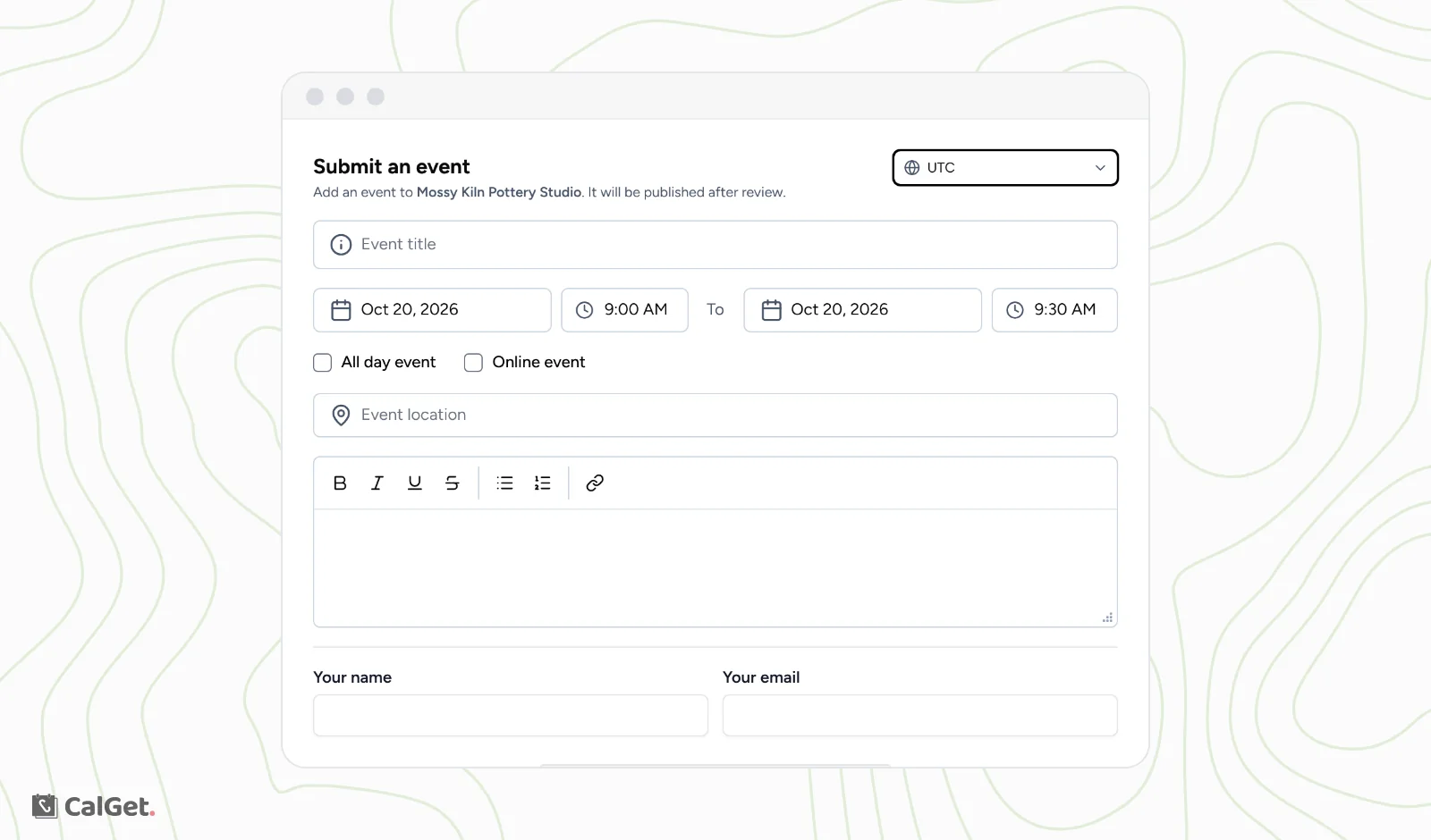 The Submit an event form: Add an event to Mossy Kiln Pottery Studio, it will be published after review, with fields for the event title, start and end date and time, All day event, Online event, location, description, Your name and Your email