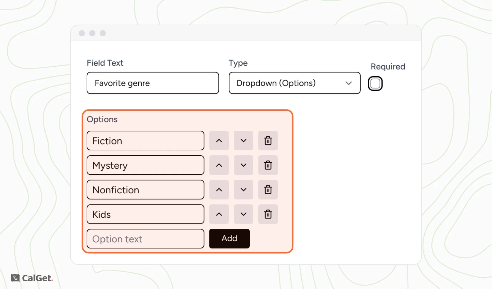 The Add custom field window with Field Text Favorite genre, Type Dropdown (Options), Required unticked, and an Options list with Fiction, Mystery, Nonfiction and Kids highlighted above the Option text box and Add button