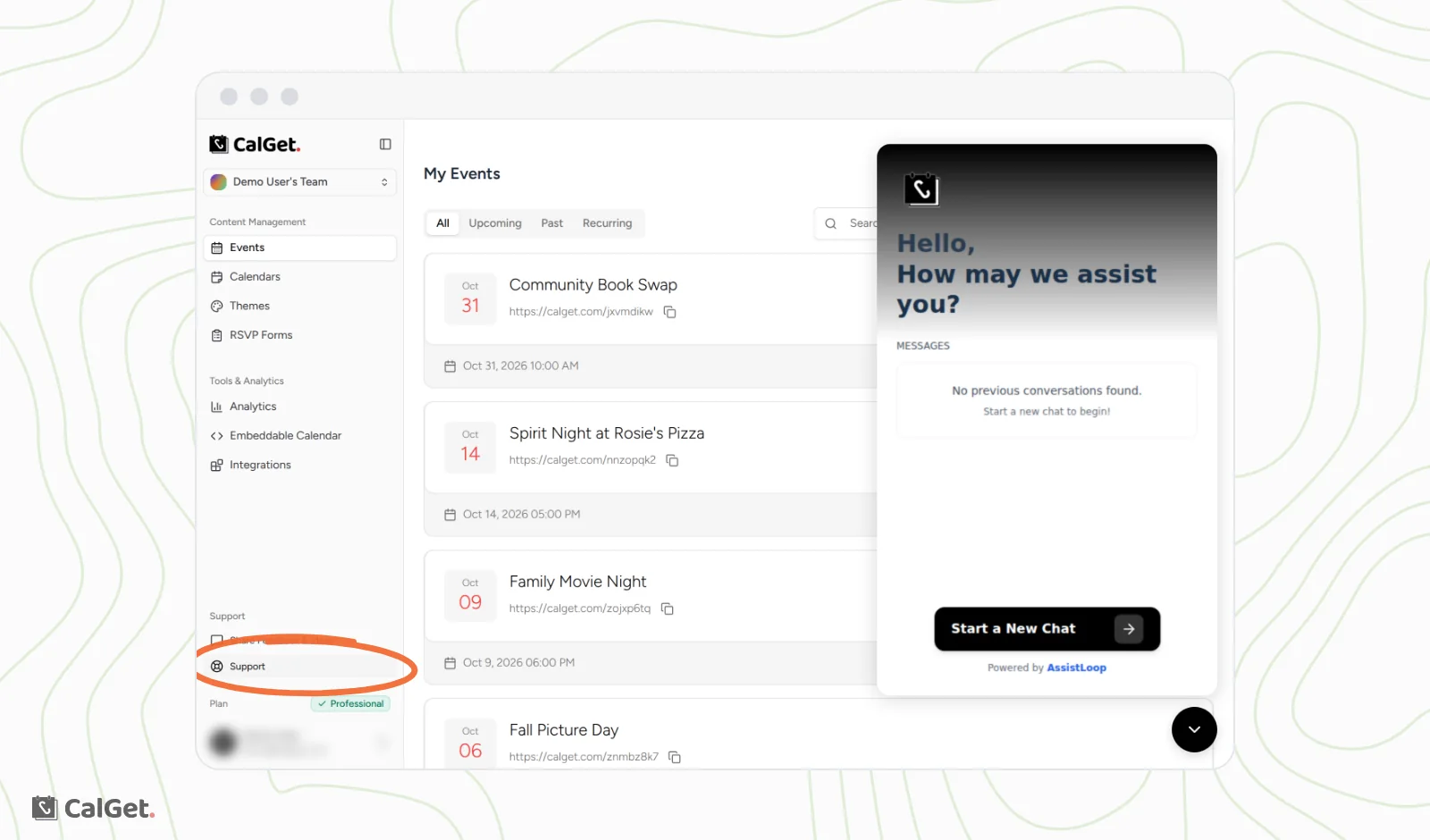 The CalGet dashboard with Support circled in the sidebar and the support chat open on the right, asking How may we assist you, with a Start a New Chat button