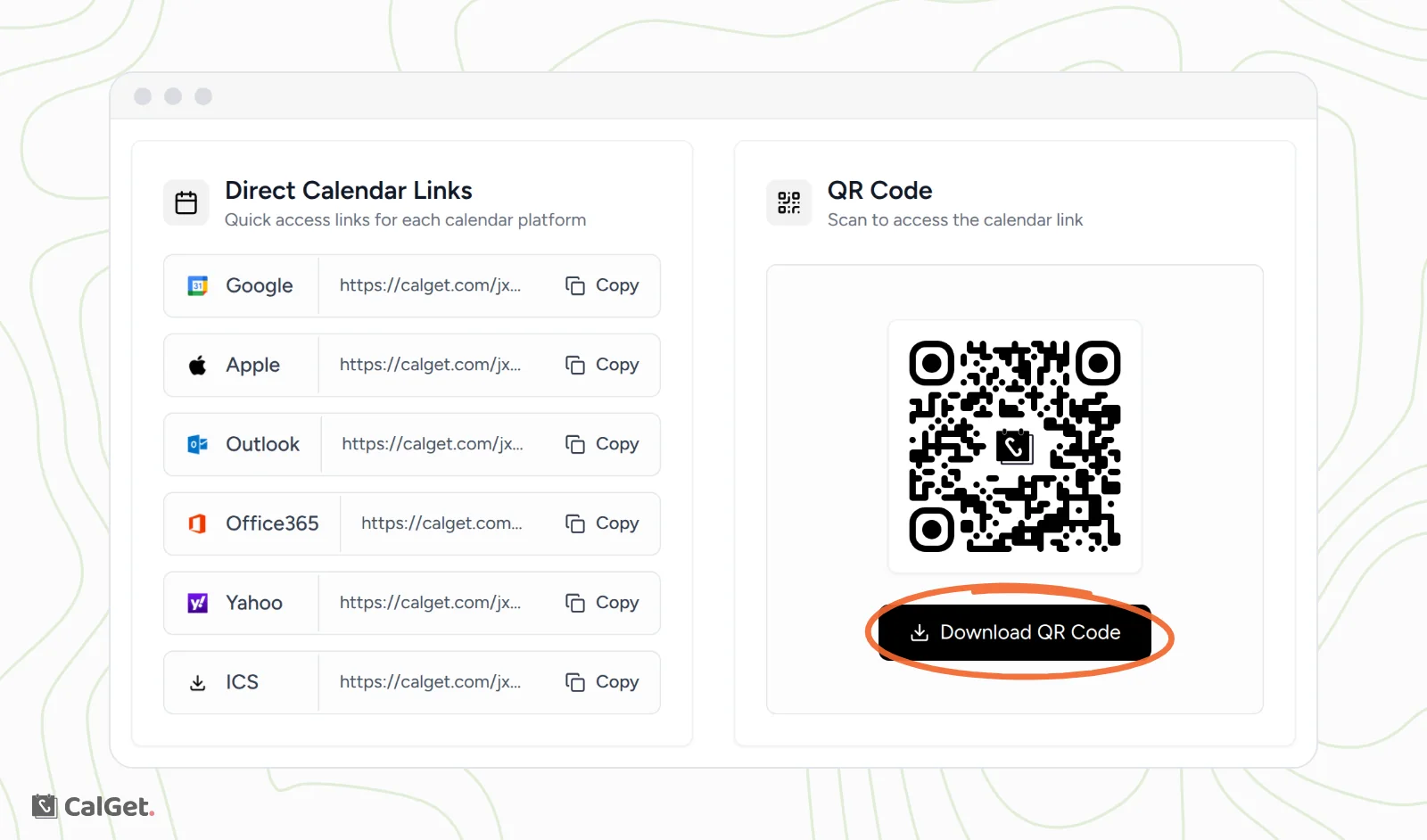 The Direct Calendar Links and QR Code cards, with the event's QR code and the Download QR Code button circled