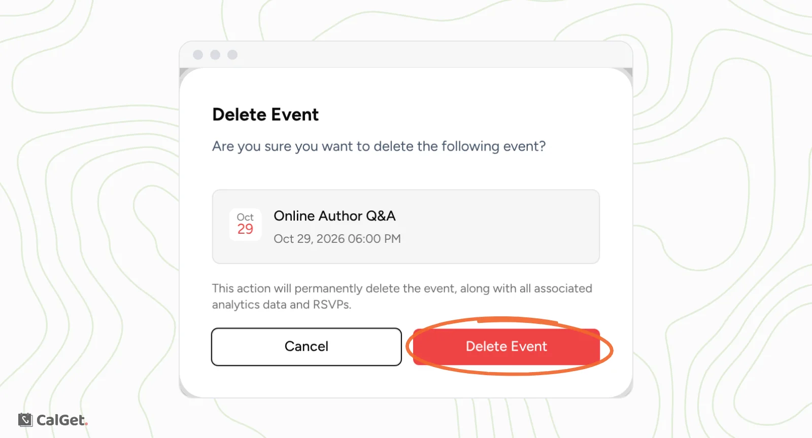 The Delete Event window asking to confirm deleting Online Author Q&A on Oct 29, 2026, warning that the event's analytics data and RSVPs are deleted permanently, with the Delete Event button circled