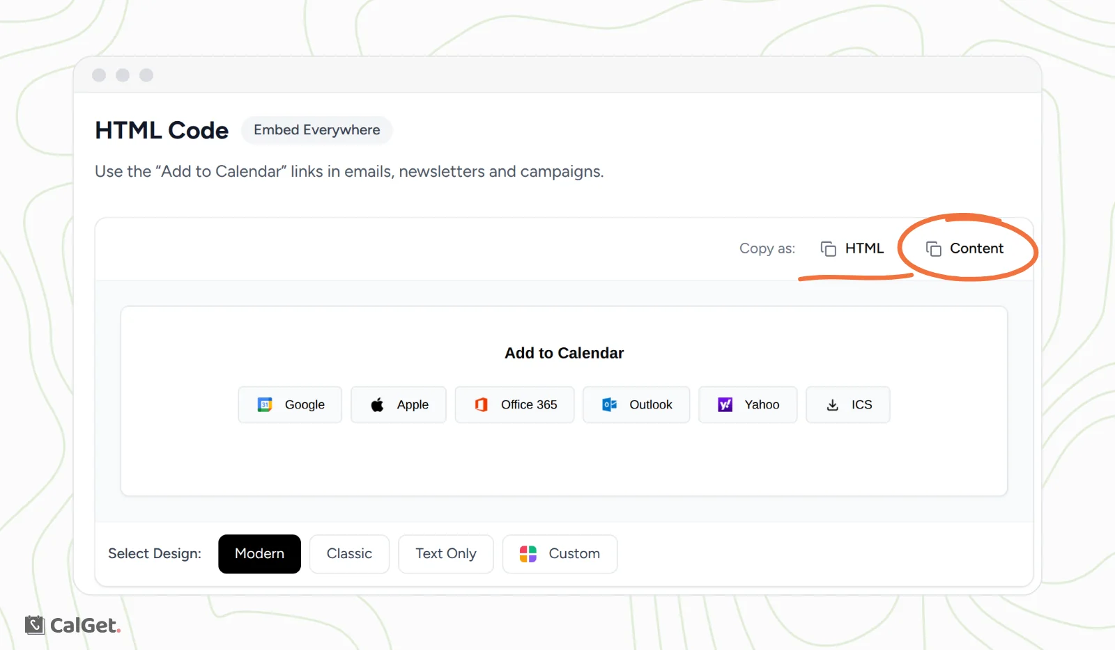 The HTML Code section of an event with Modern Add to Calendar buttons for Google, Apple, Office 365, Outlook, Yahoo and ICS, the Content copy option circled and the HTML option underlined