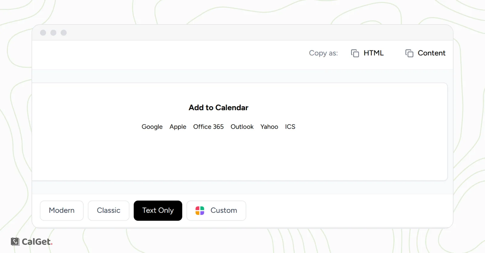 The Text Only design: the words Google, Apple, Office 365, Outlook, Yahoo and ICS without logos