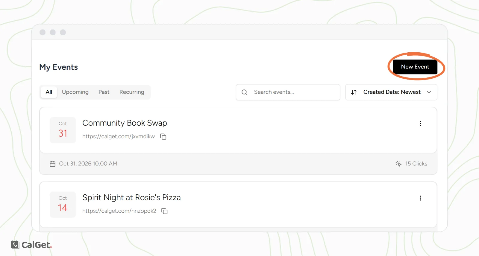 The My Events page in CalGet with the New Event button circled in the top-right corner