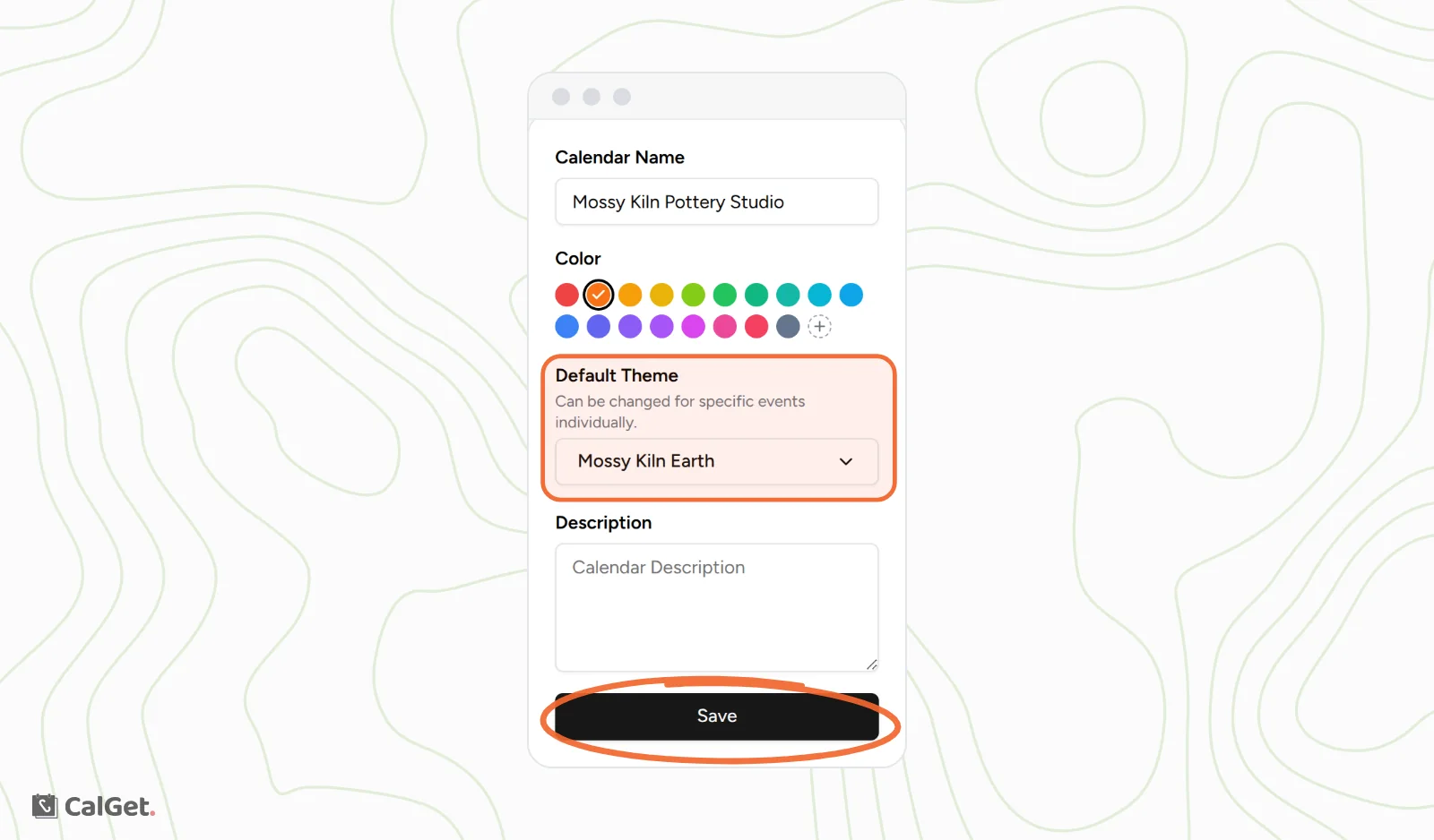 The Calendar Details settings with Calendar Name, Color, the Default Theme menu set to Mossy Kiln Earth highlighted, Description, and the Save button circled