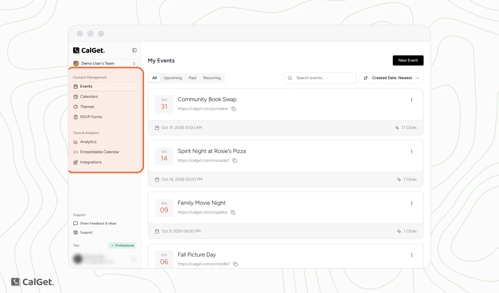 The CalGet dashboard with the sidebar on the left highlighted: Events, Calendars, Themes and RSVP Forms under Content Management, and Analytics, Embeddable Calendar and Integrations under Tools and Analytics, next to the My Events list