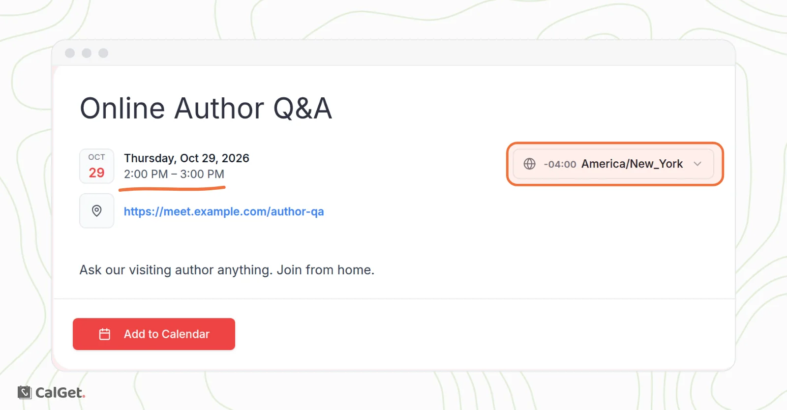 An event page seen from New York, with the time 2:00 PM to 3:00 PM underlined and the America/New_York time zone selector highlighted, above an online meeting link and the Add to Calendar button