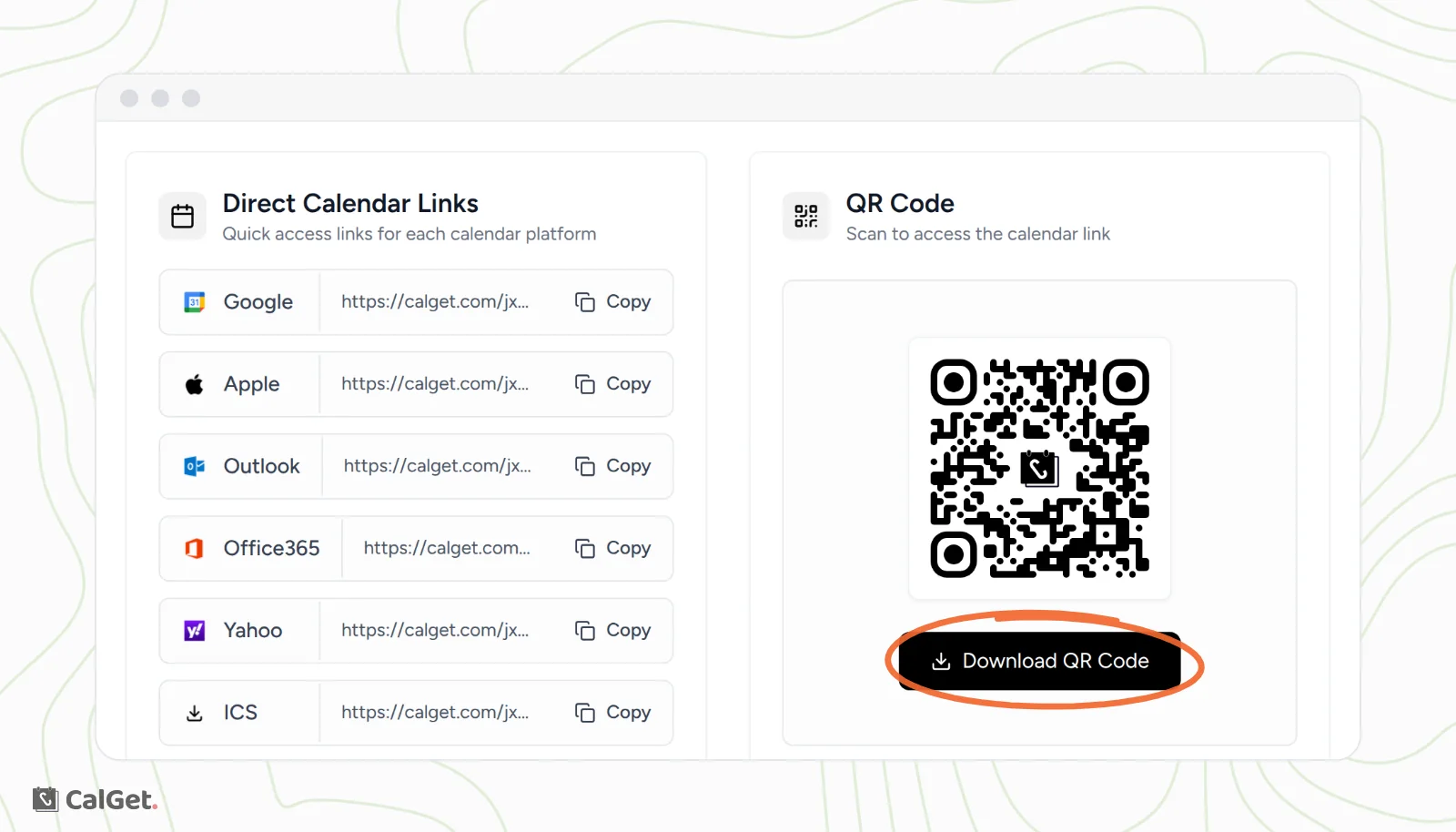 The Direct Calendar Links list with a link for Google, Apple, Outlook, Office365, Yahoo and ICS, each with a Copy button, next to the QR Code card with the Download QR Code button circled