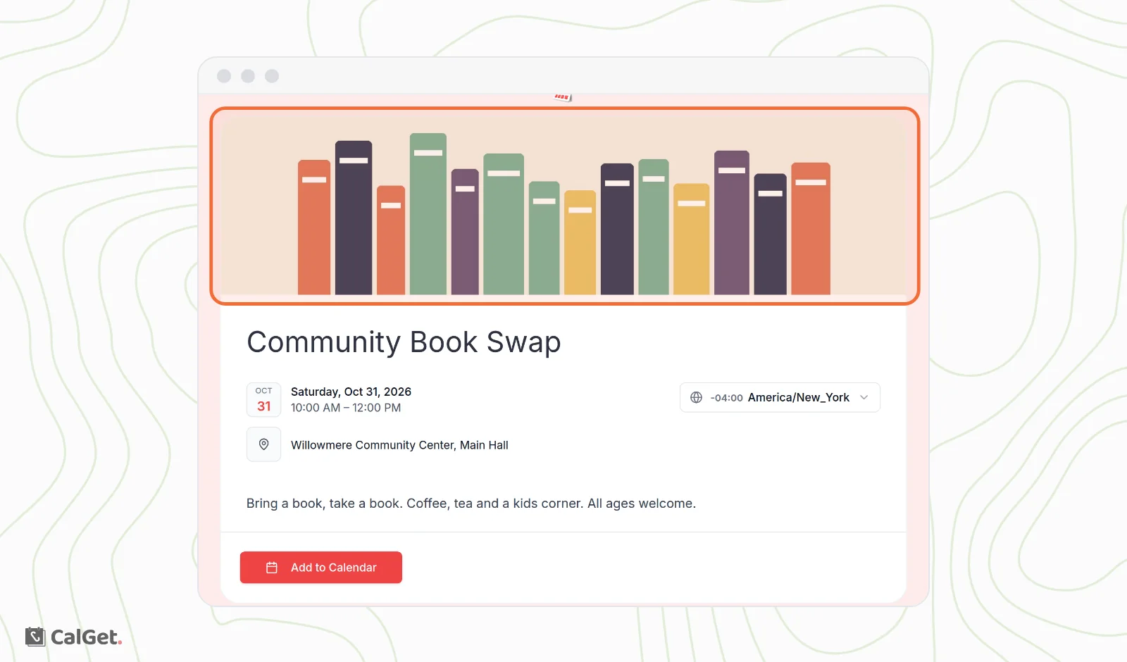 The Community Book Swap event page with the image highlighted at the top, above the title, date, location, description and Add to Calendar button