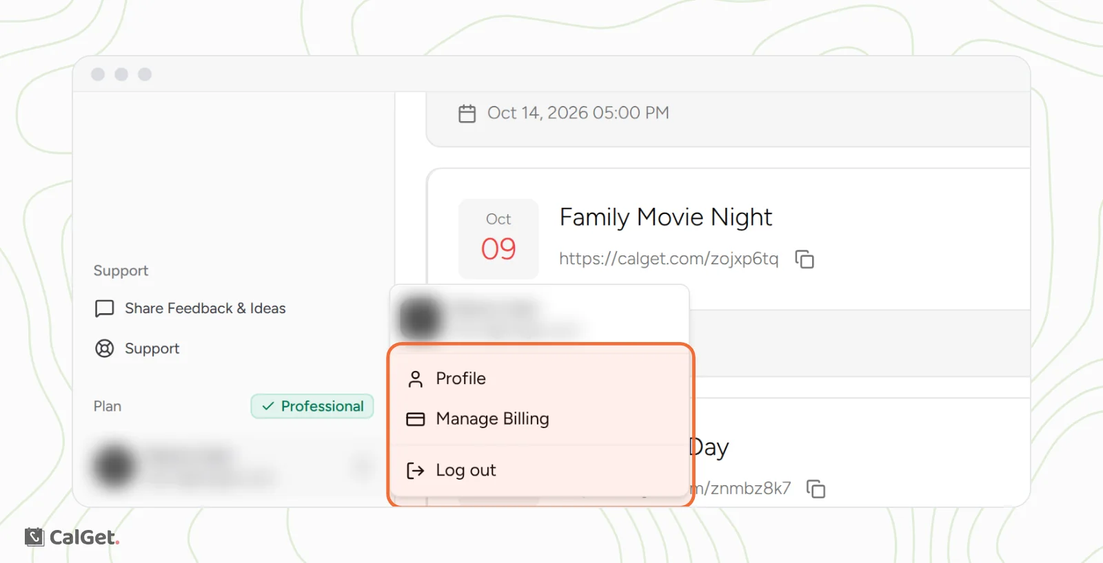 The account menu open at the bottom of the sidebar with Profile, Manage Billing and Log out highlighted, next to the Plan badge