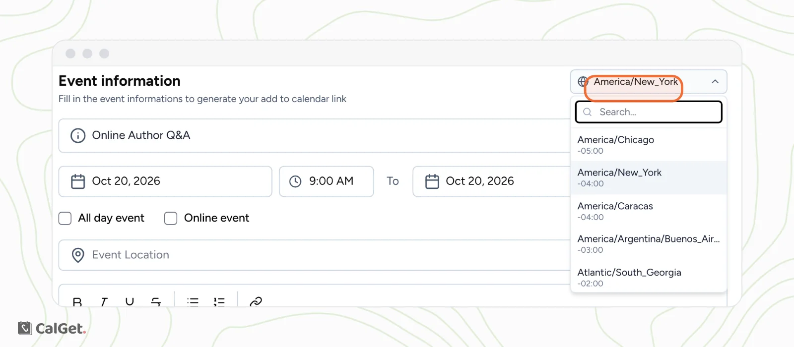 The New Event form with the time zone menu open under America/New_York, showing a Search box and a list of time zones with their UTC offsets