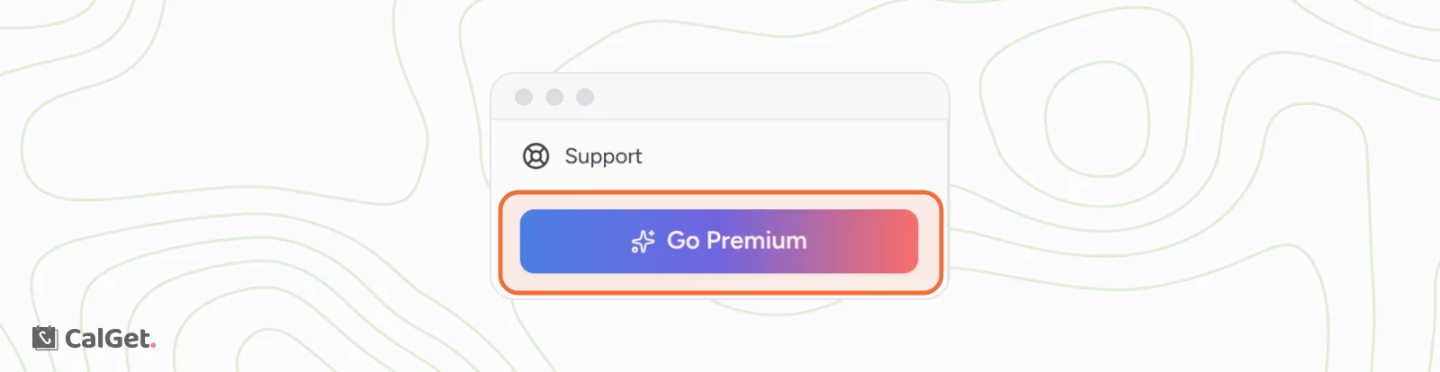 The bottom of the CalGet menu on a Free team with the Go Premium button highlighted below Support