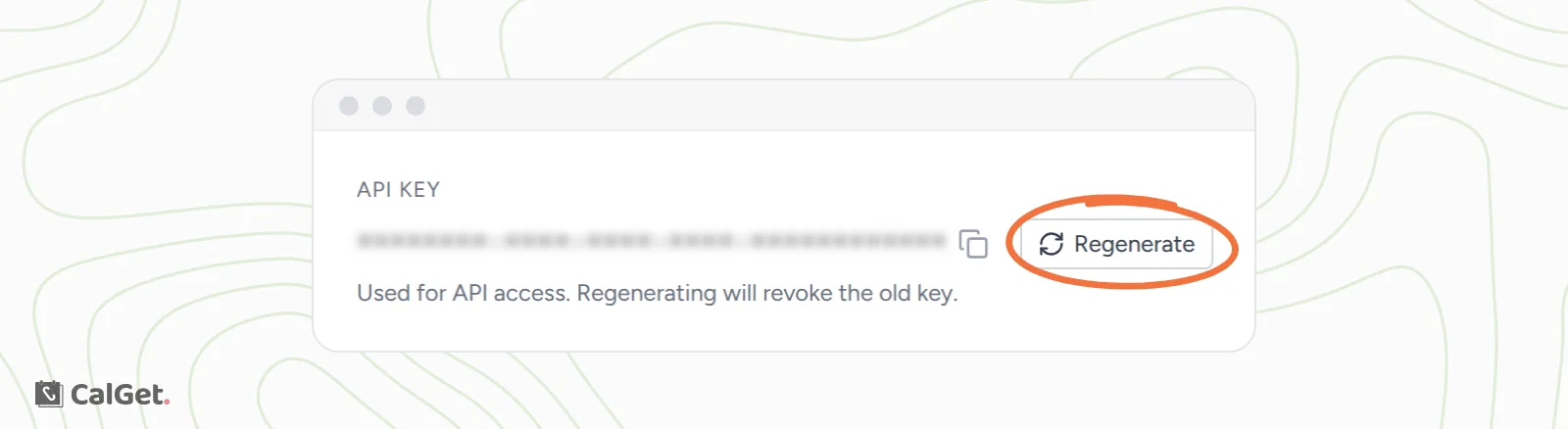 The API KEY section with the key hidden, the copy icon, the Regenerate button circled, and the note Used for API access. Regenerating will revoke the old key.