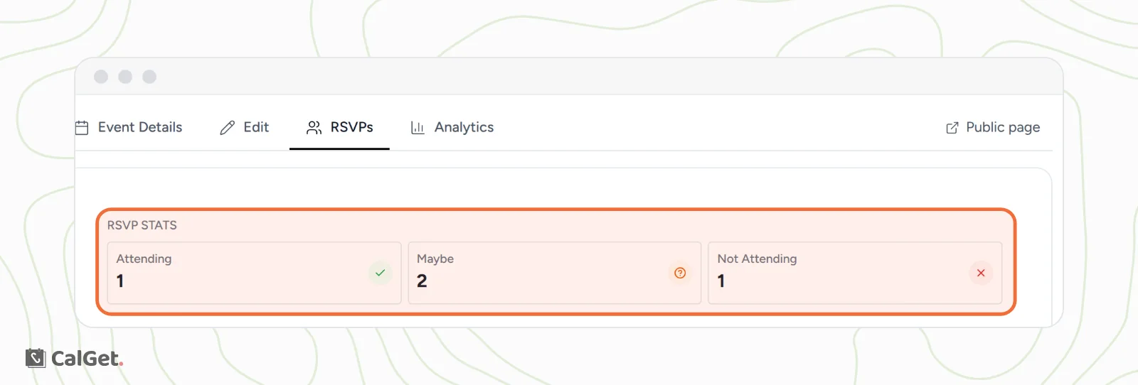 The RSVPs tab of an event with the RSVP STATS totals highlighted: Attending 1, Maybe 2, Not Attending 1