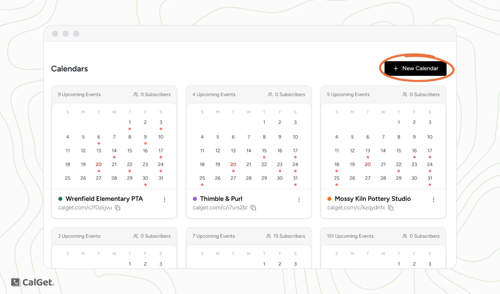 The Calendars page with calendar cards showing upcoming events, subscribers and a month view for each, and the New Calendar button circled