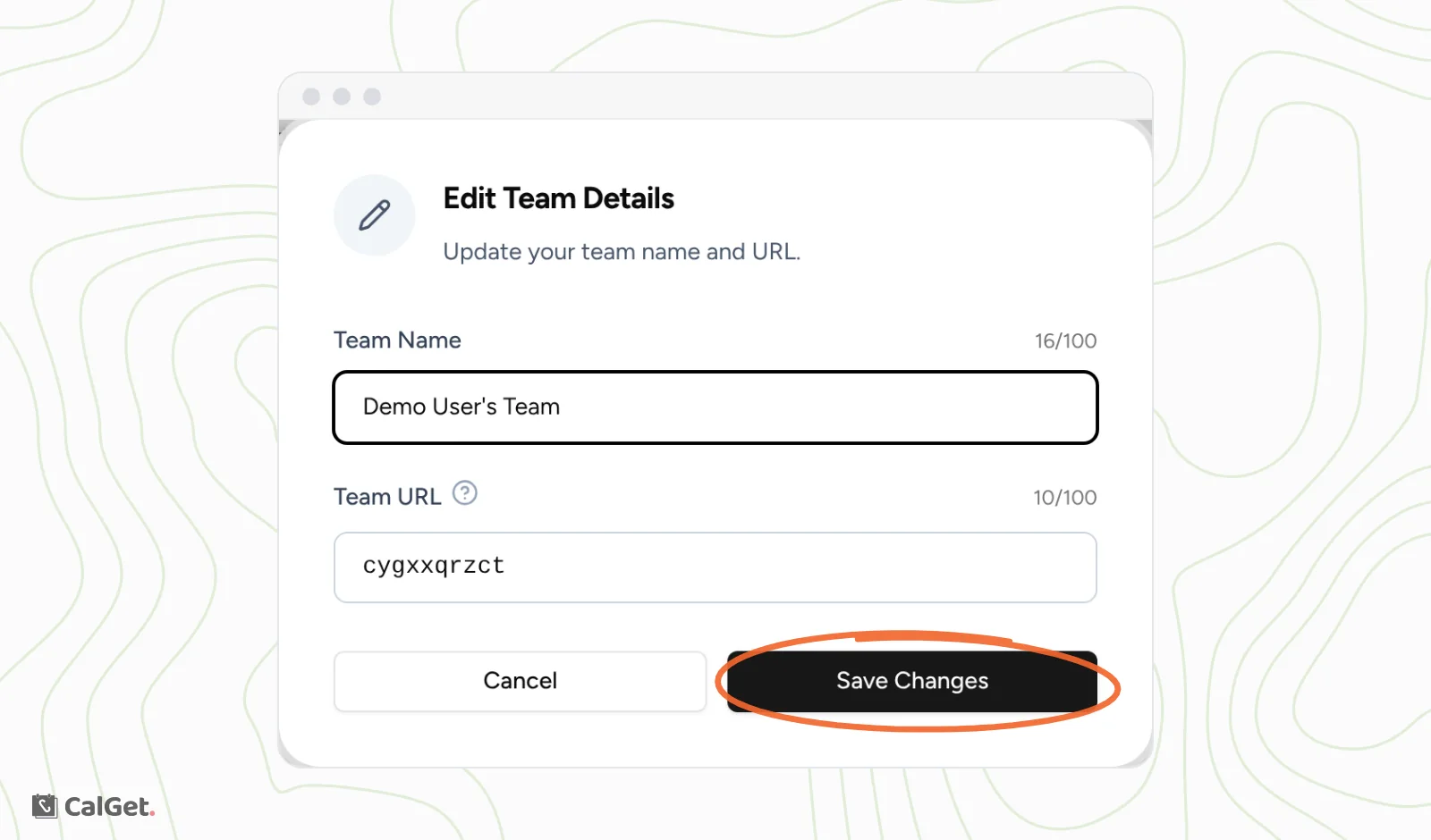 The Edit Team Details window with the Team Name and Team URL fields and the Save Changes button circled